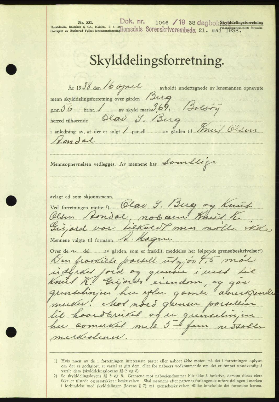 Romsdal sorenskriveri, SAT/A-4149/1/2/2C: Pantebok nr. A5, 1938-1938, Dagboknr: 1046/1938