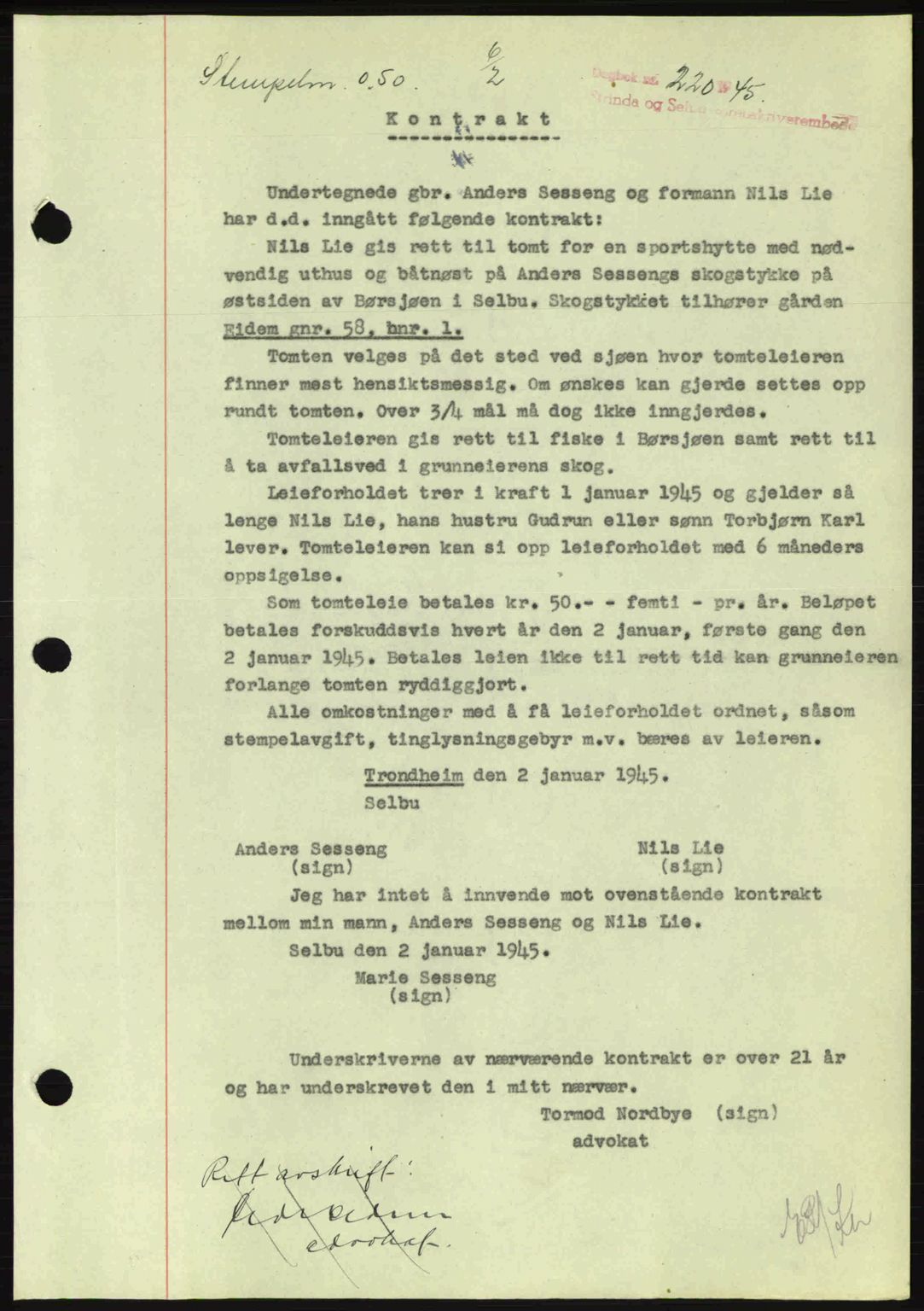Strinda og Selbu sorenskriveri, SAT/A-0015/2/2C: Pantebok nr. A9, 1944-1945, Dagboknr: 220/1945