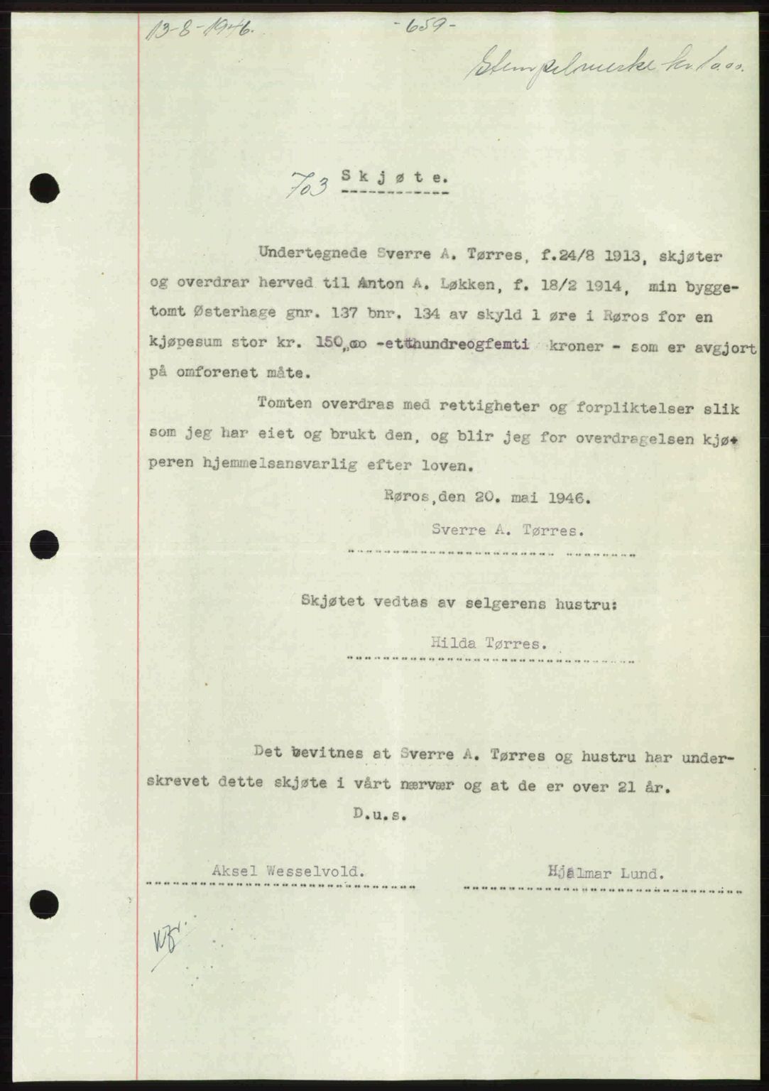 Gauldal sorenskriveri, SAT/A-0014/1/2/2C: Pantebok nr. A2, 1946-1946, Dagboknr: 703/1946