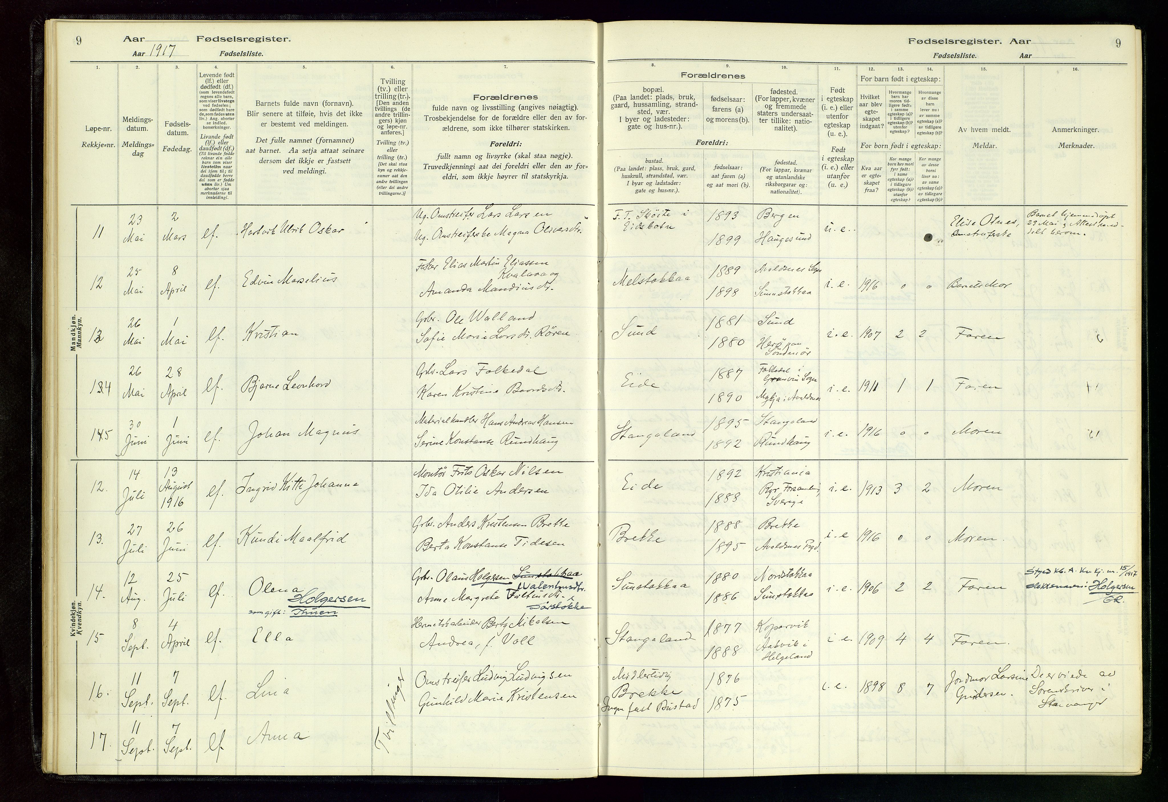 Kopervik sokneprestkontor, AV/SAST-A-101850/I/Id/L0004: Fødselsregister nr. 4, 1916-1958, s. 9