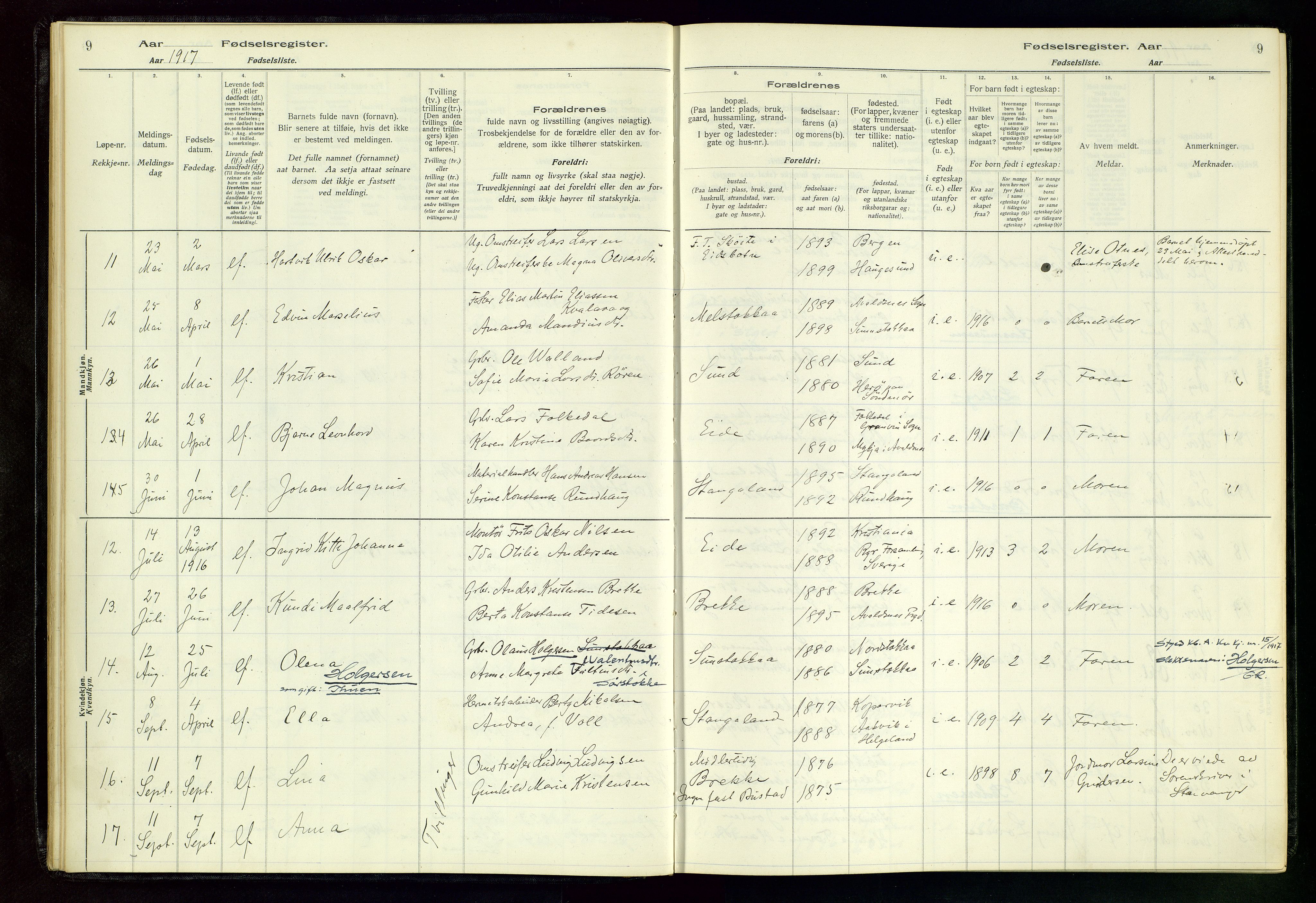 Kopervik sokneprestkontor, SAST/A-101850/I/Id/L0004: Fødselsregister nr. 4, 1916-1958, s. 9