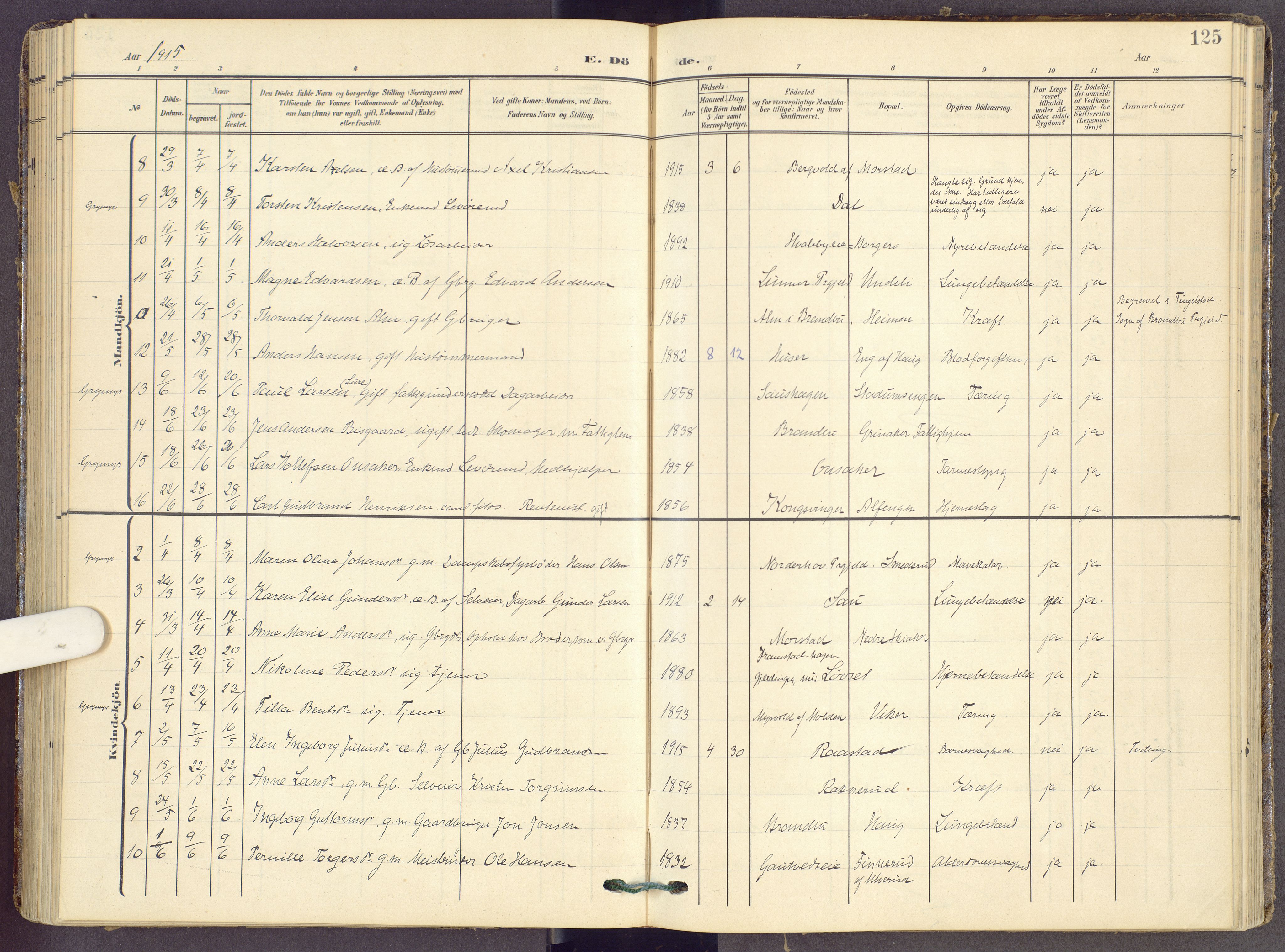 Gran prestekontor, SAH/PREST-112/H/Ha/Haa/L0022: Ministerialbok nr. 22, 1908-1918, s. 125