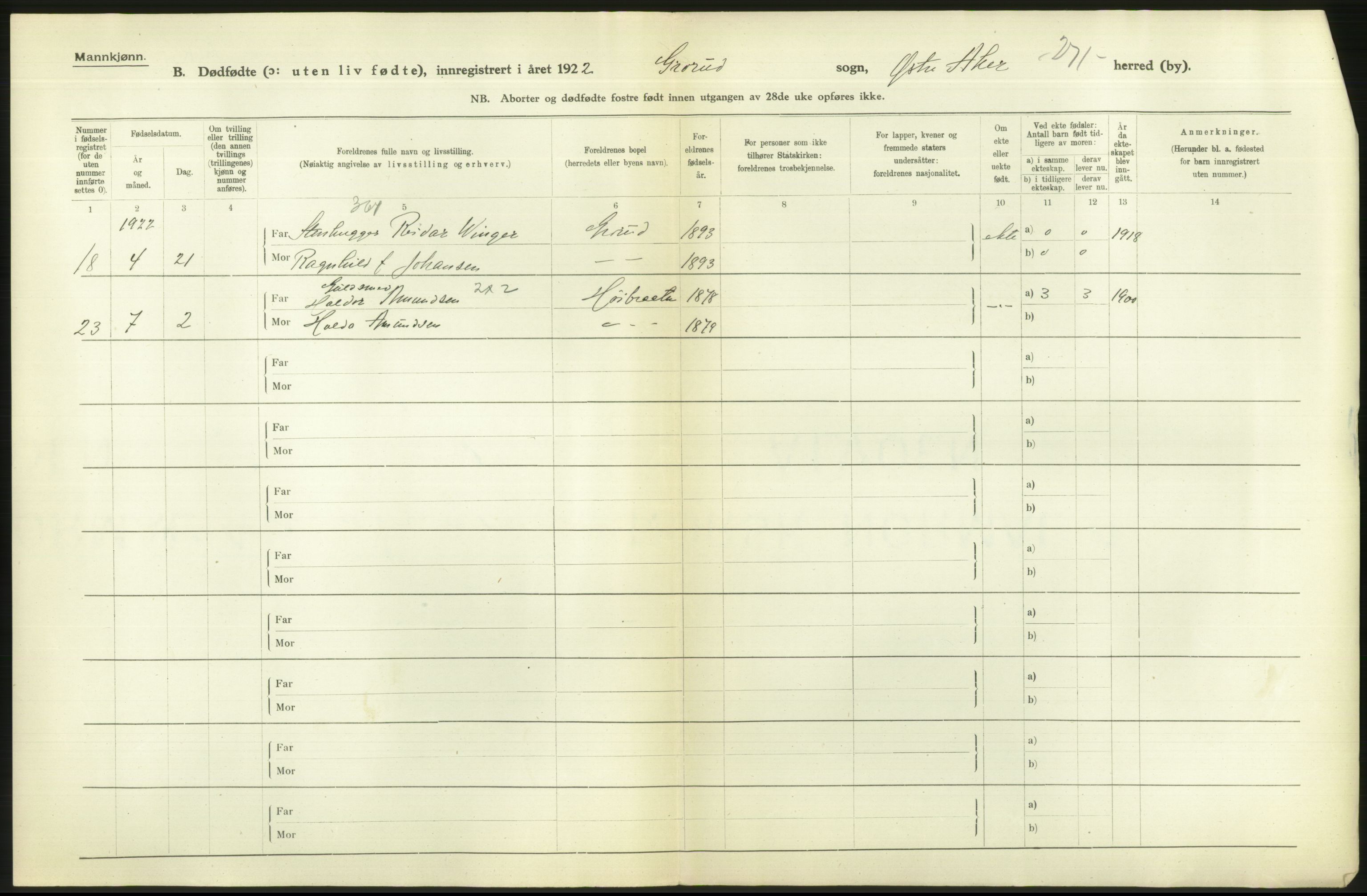 Statistisk sentralbyrå, Sosiodemografiske emner, Befolkning, RA/S-2228/D/Df/Dfc/Dfcb/L0005: Akershus fylke: Døde, dødfødte. Bygder og byer., 1922, s. 16