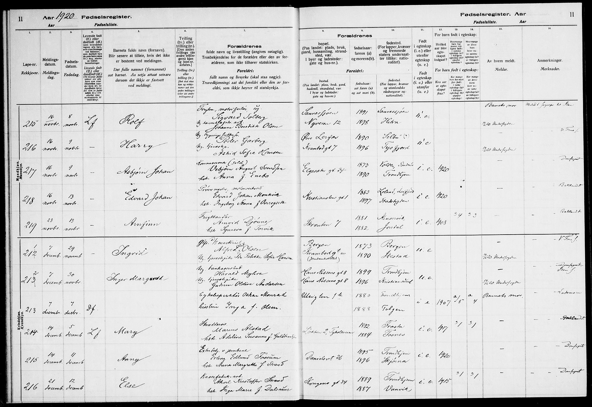 Ministerialprotokoller, klokkerbøker og fødselsregistre - Sør-Trøndelag, AV/SAT-A-1456/600/L0003: Fødselsregister nr. 600.II.4.2, 1920-1924, s. 11