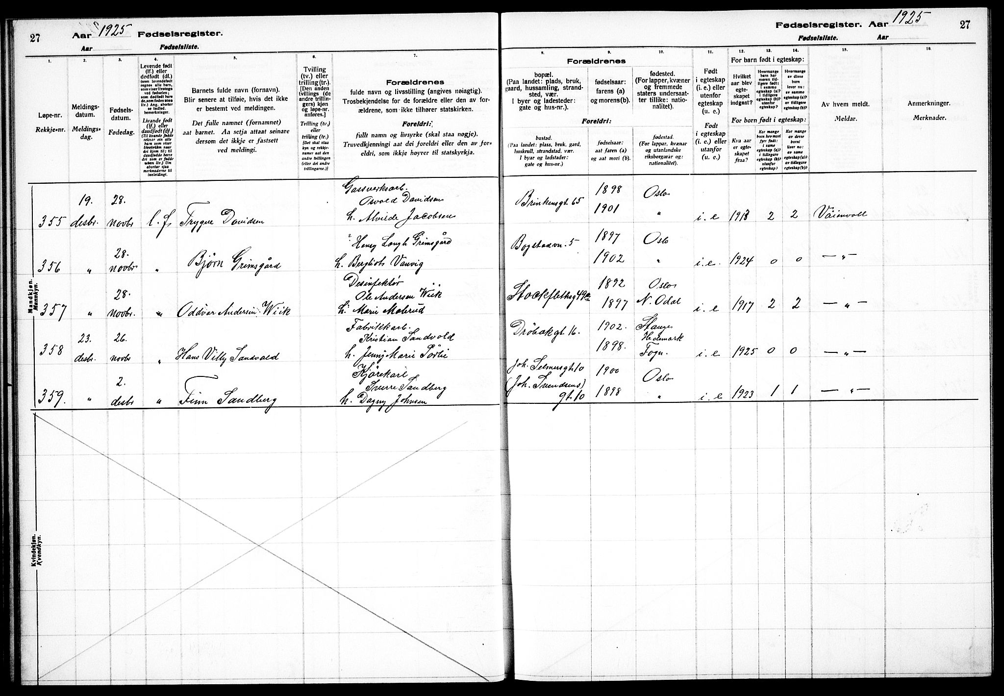 Sagene prestekontor Kirkebøker, AV/SAO-A-10796/J/L0004: Fødselsregister nr. 4, 1925-1928, s. 27