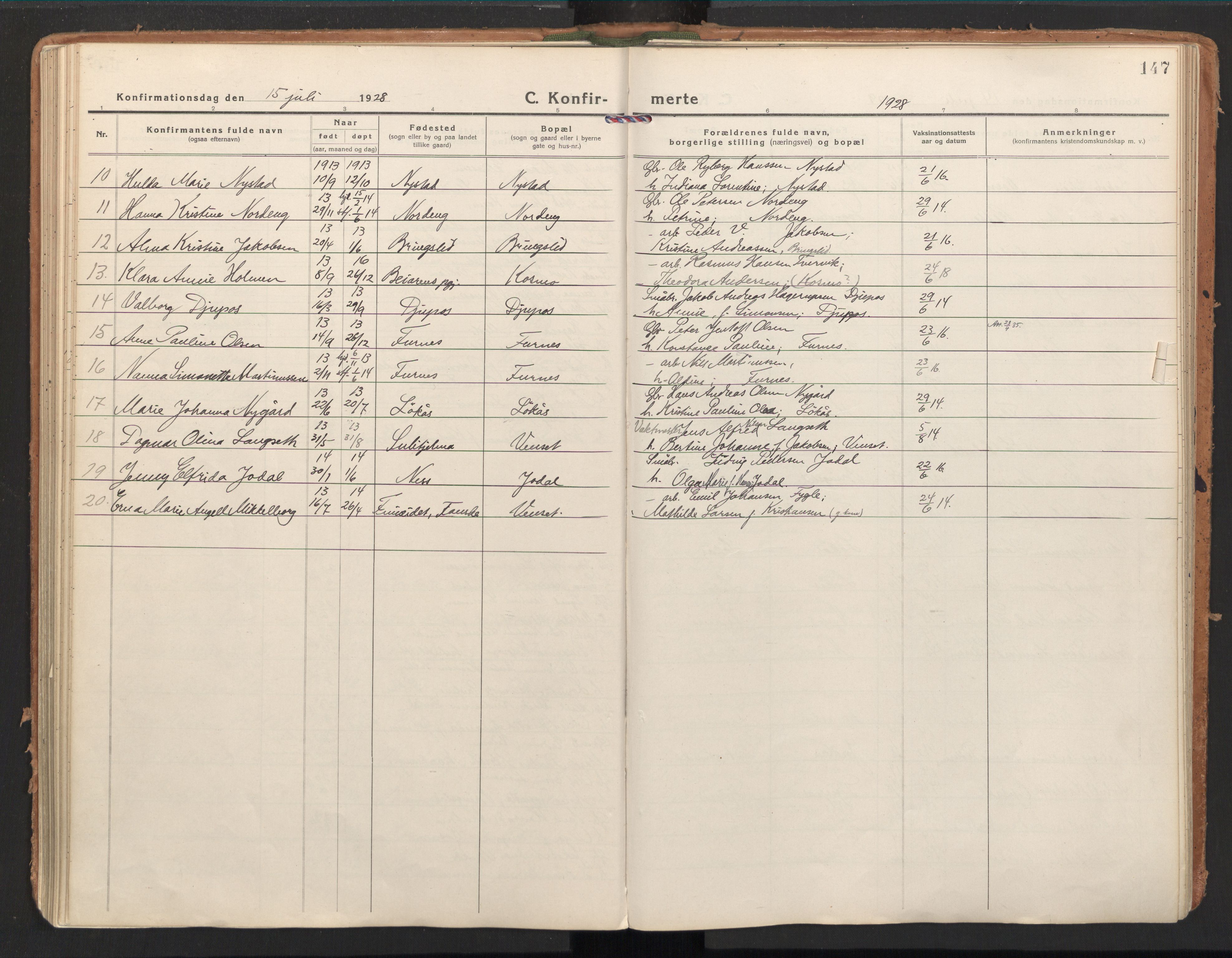 Ministerialprotokoller, klokkerbøker og fødselsregistre - Nordland, AV/SAT-A-1459/851/L0725: Ministerialbok nr. 851A02, 1922-1944, s. 147