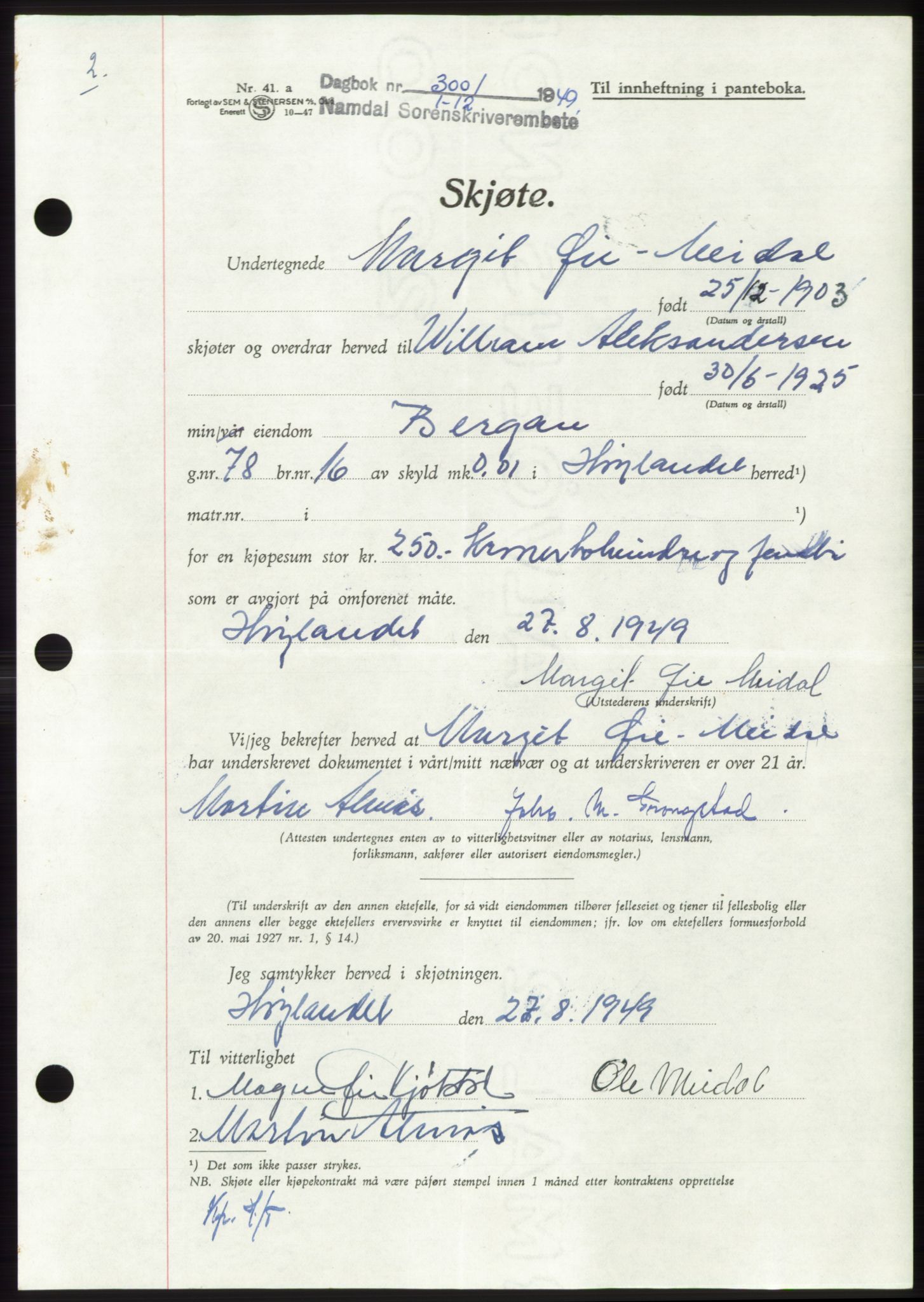 Namdal sorenskriveri, SAT/A-4133/1/2/2C: Pantebok nr. -, 1949-1949, Dagboknr: 3001/1949