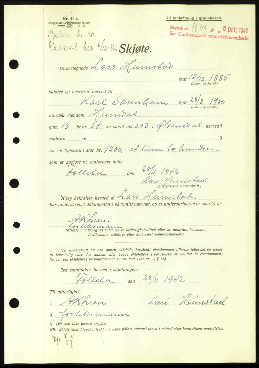 Sør-Gudbrandsdal tingrett, SAH/TING-004/H/Hb/Hbd/L0011: Pantebok nr. A11, 1942-1943, Dagboknr: 1839/1942