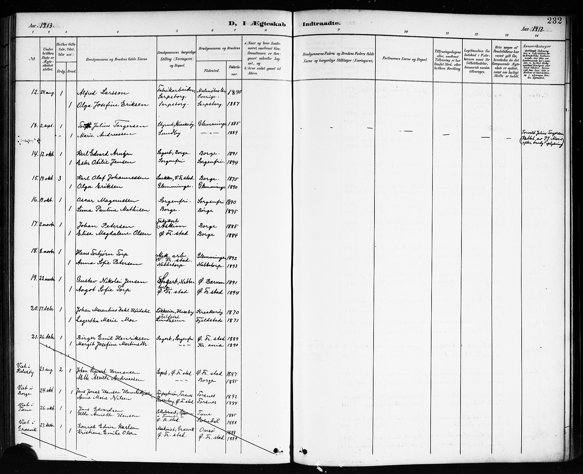 Østre Fredrikstad prestekontor Kirkebøker, AV/SAO-A-10907/G/Ga/L0002: Klokkerbok nr. 2, 1900-1919, s. 232