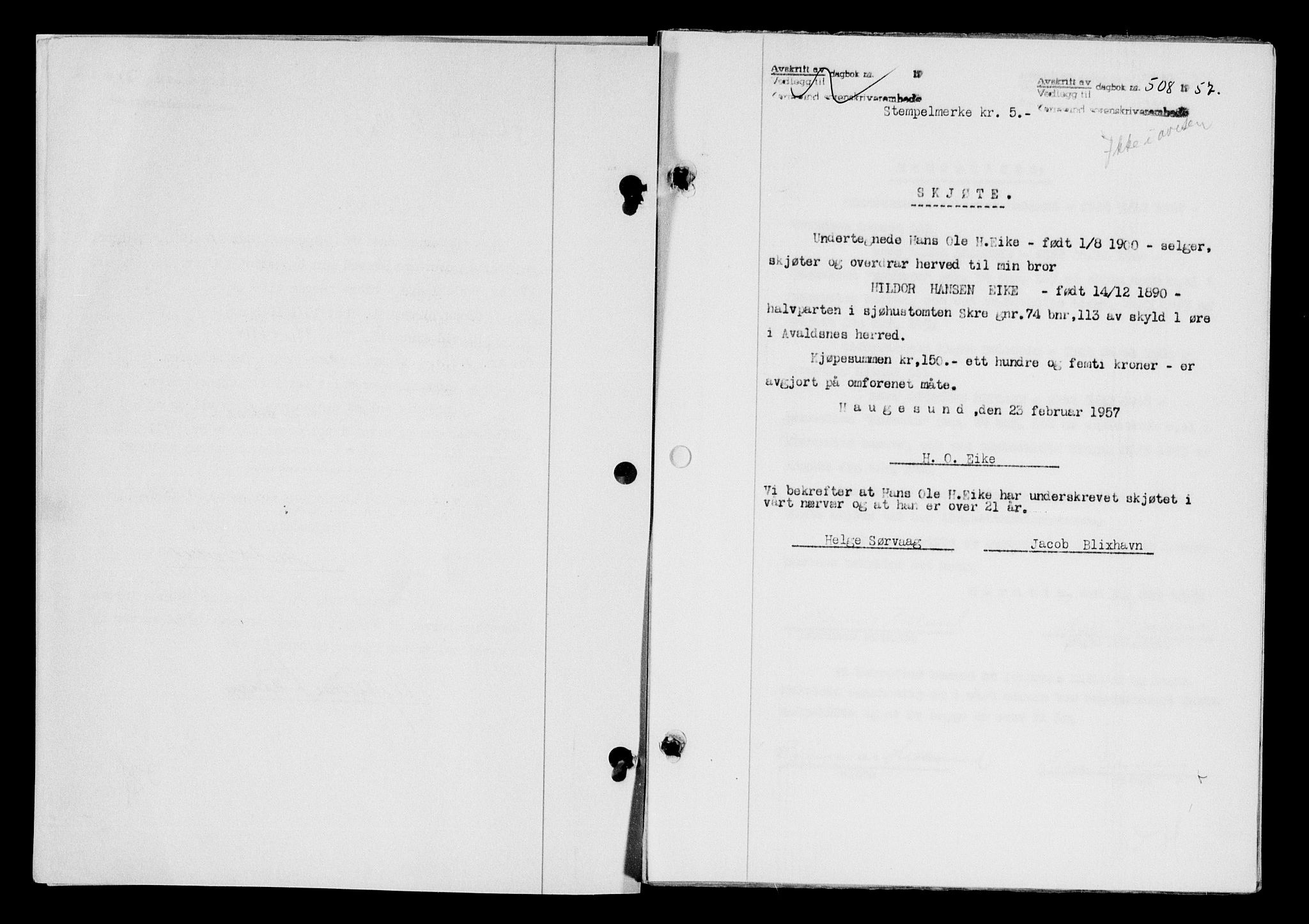 Karmsund sorenskriveri, SAST/A-100311/01/II/IIB/L0124: Pantebok nr. 104A, 1957-1957, Dagboknr: 508/1957