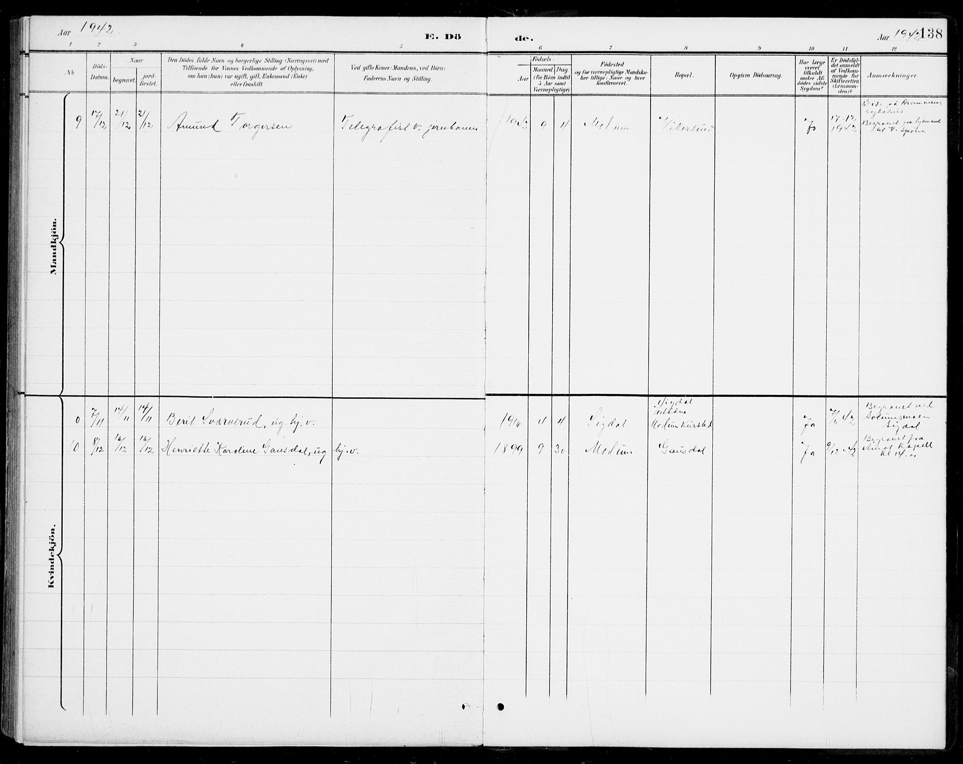 Modum kirkebøker, AV/SAKO-A-234/G/Gb/L0001: Klokkerbok nr. II 1, 1901-1942, s. 138