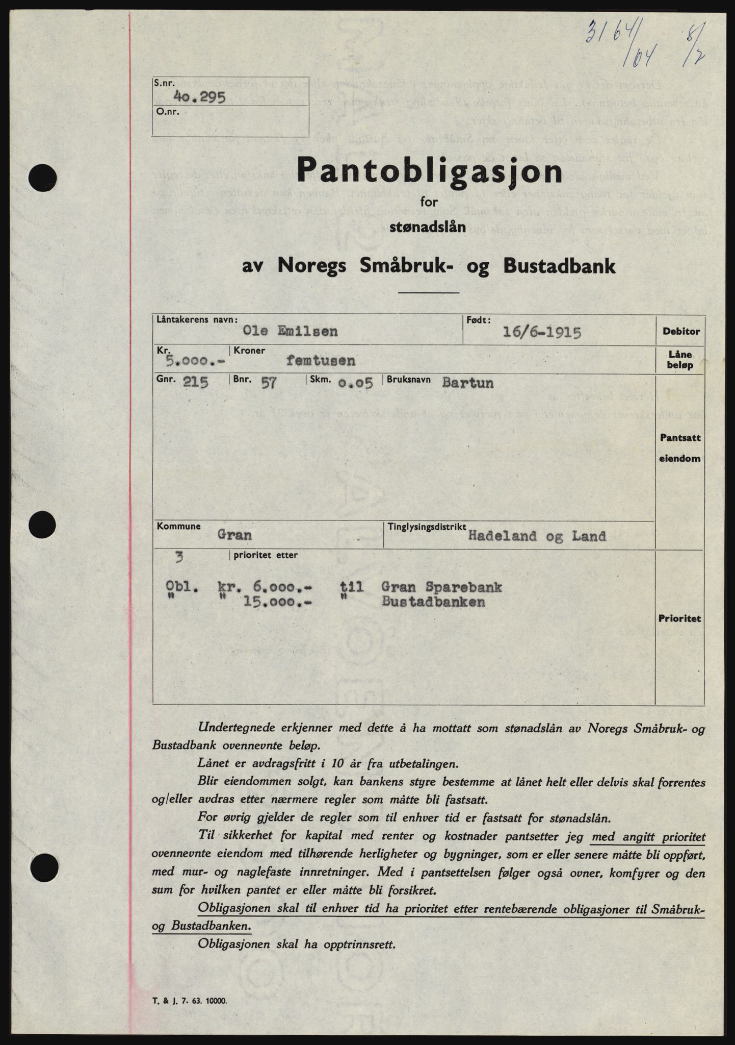 Hadeland og Land tingrett, SAH/TING-010/H/Hb/Hbc/L0055: Pantebok nr. B55, 1964-1964, Dagboknr: 3164/1964