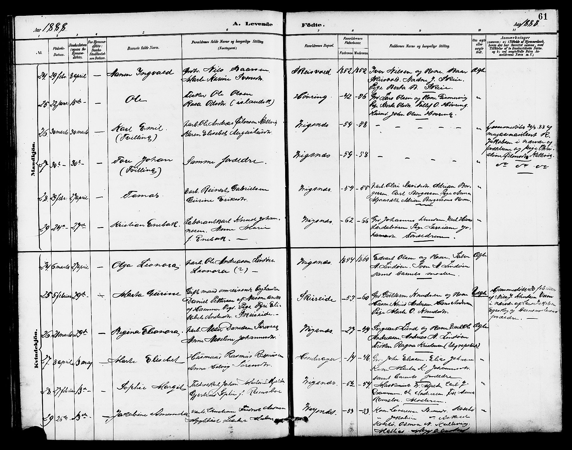 Avaldsnes sokneprestkontor, AV/SAST-A -101851/H/Ha/Hab/L0007: Klokkerbok nr. B 7, 1885-1909, s. 61