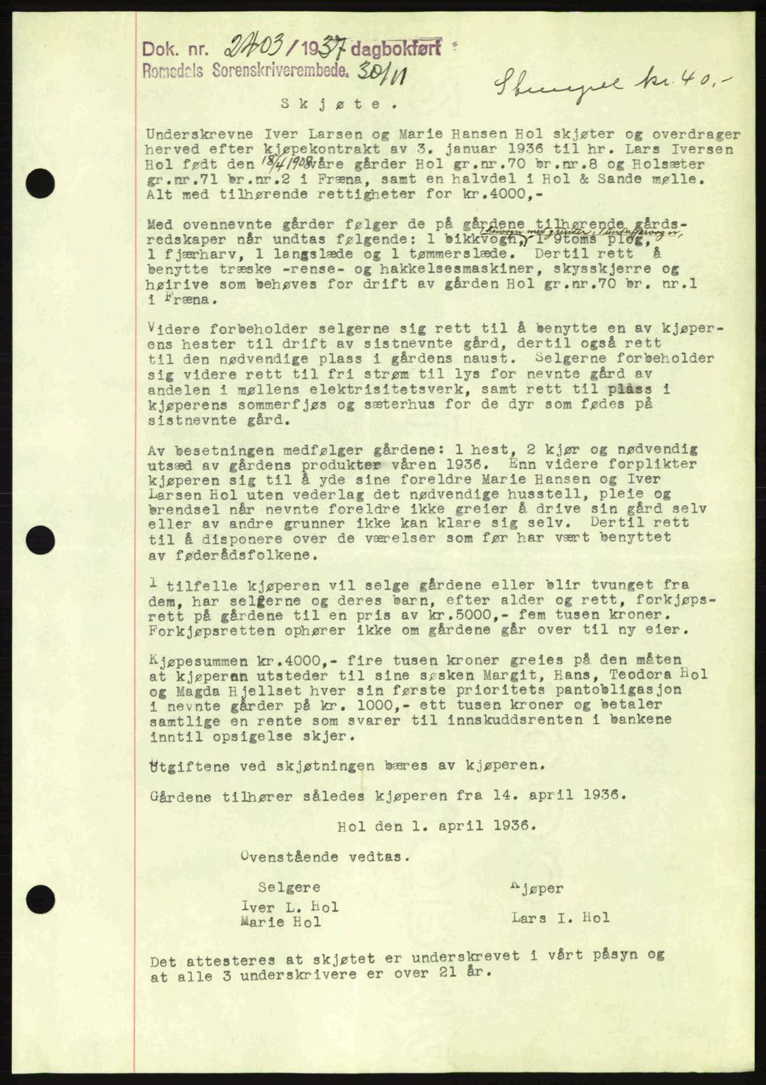 Romsdal sorenskriveri, SAT/A-4149/1/2/2C: Pantebok nr. A4, 1937-1938, Dagboknr: 2403/1937