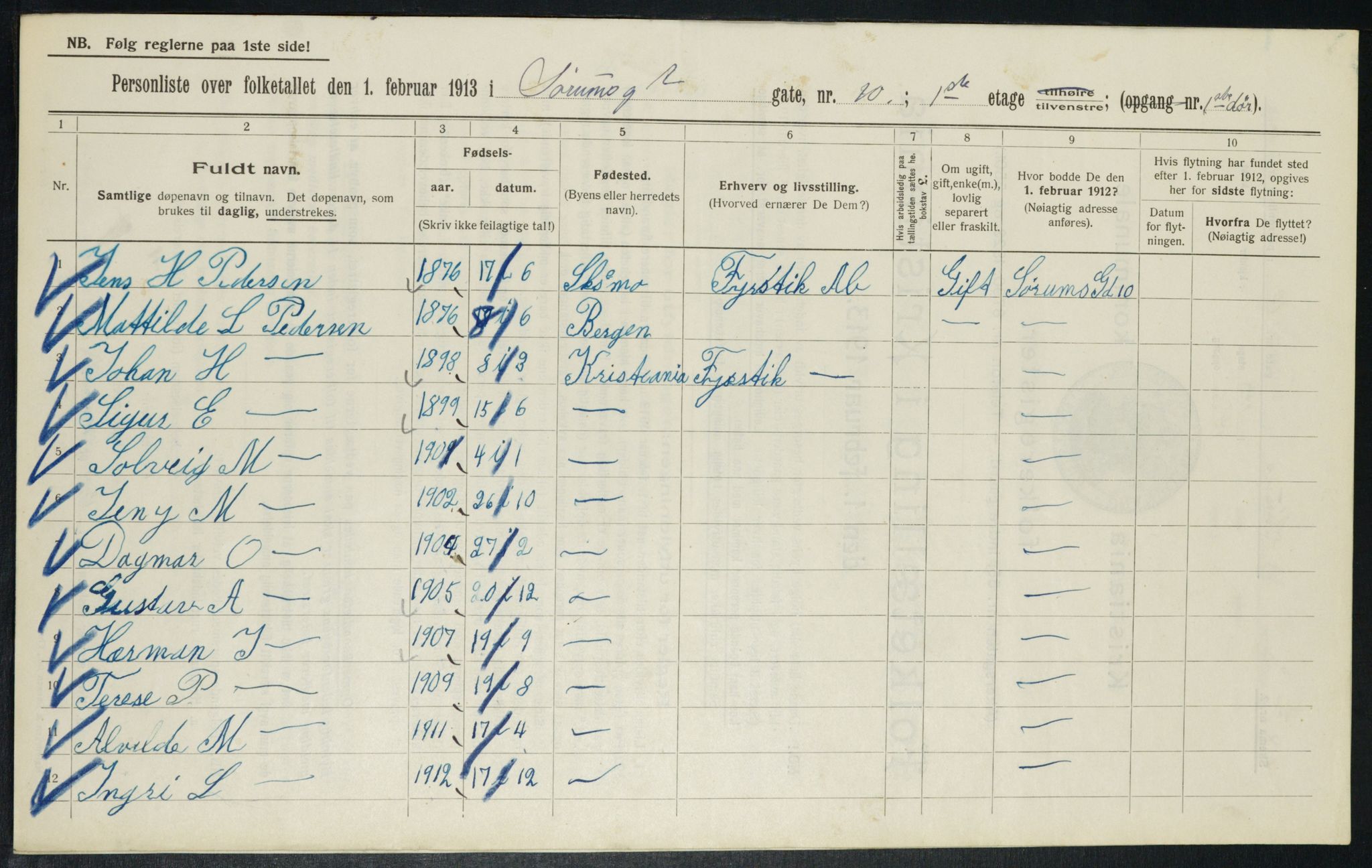 OBA, Kommunal folketelling 1.2.1913 for Kristiania, 1913, s. 107080