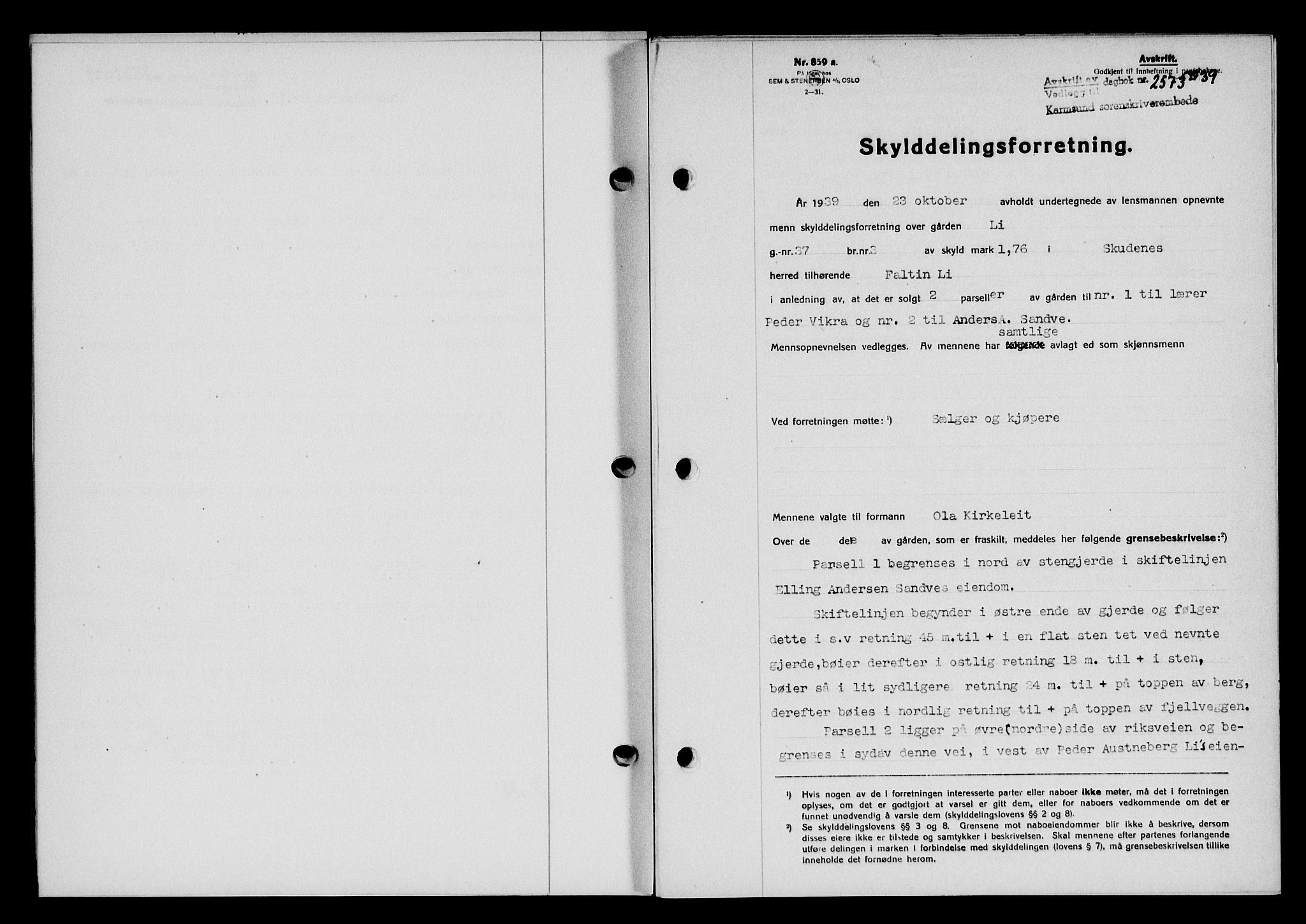 Karmsund sorenskriveri, SAST/A-100311/01/II/IIB/L0072: Pantebok nr. 53A, 1939-1940, Dagboknr: 2573/1939