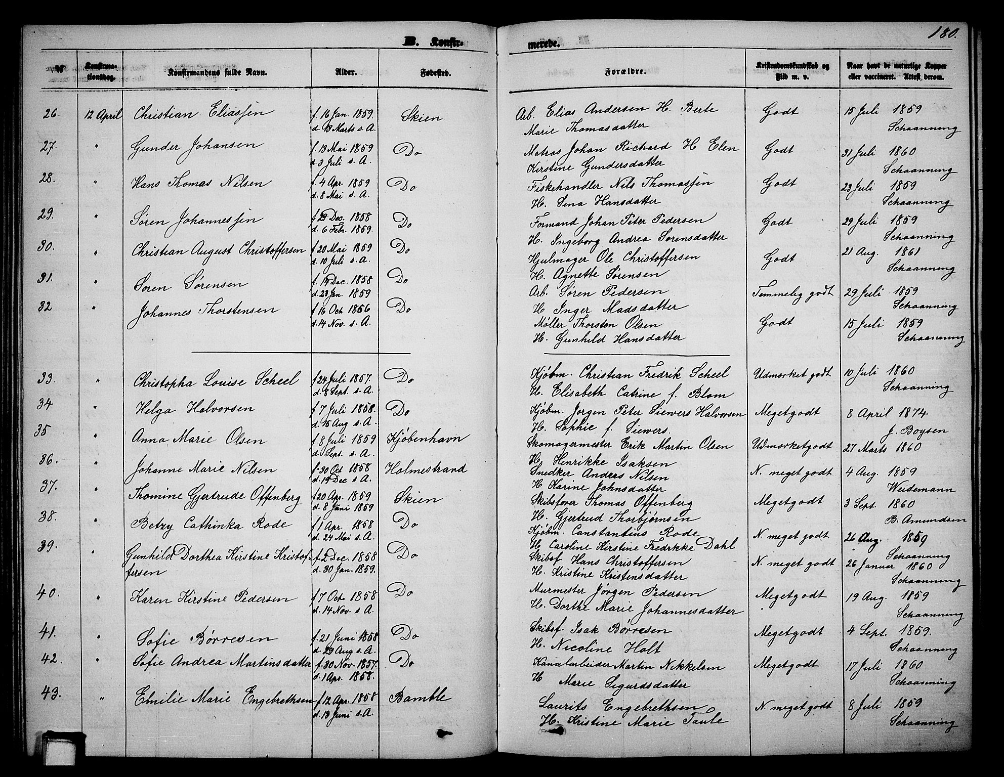 Skien kirkebøker, AV/SAKO-A-302/G/Ga/L0005: Klokkerbok nr. 5, 1868-1880, s. 180