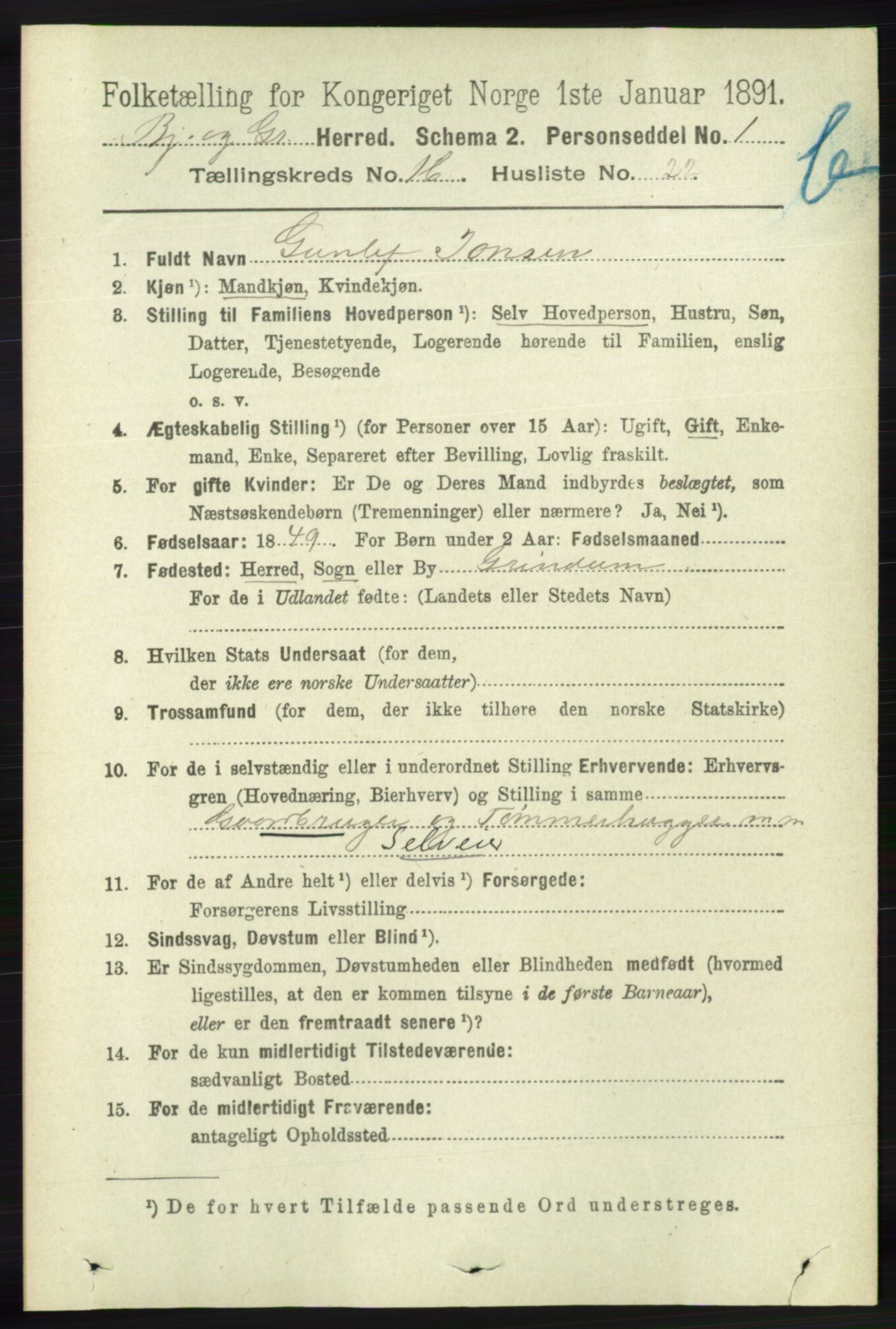 RA, Folketelling 1891 for 1024 Bjelland og Grindheim herred, 1891, s. 876