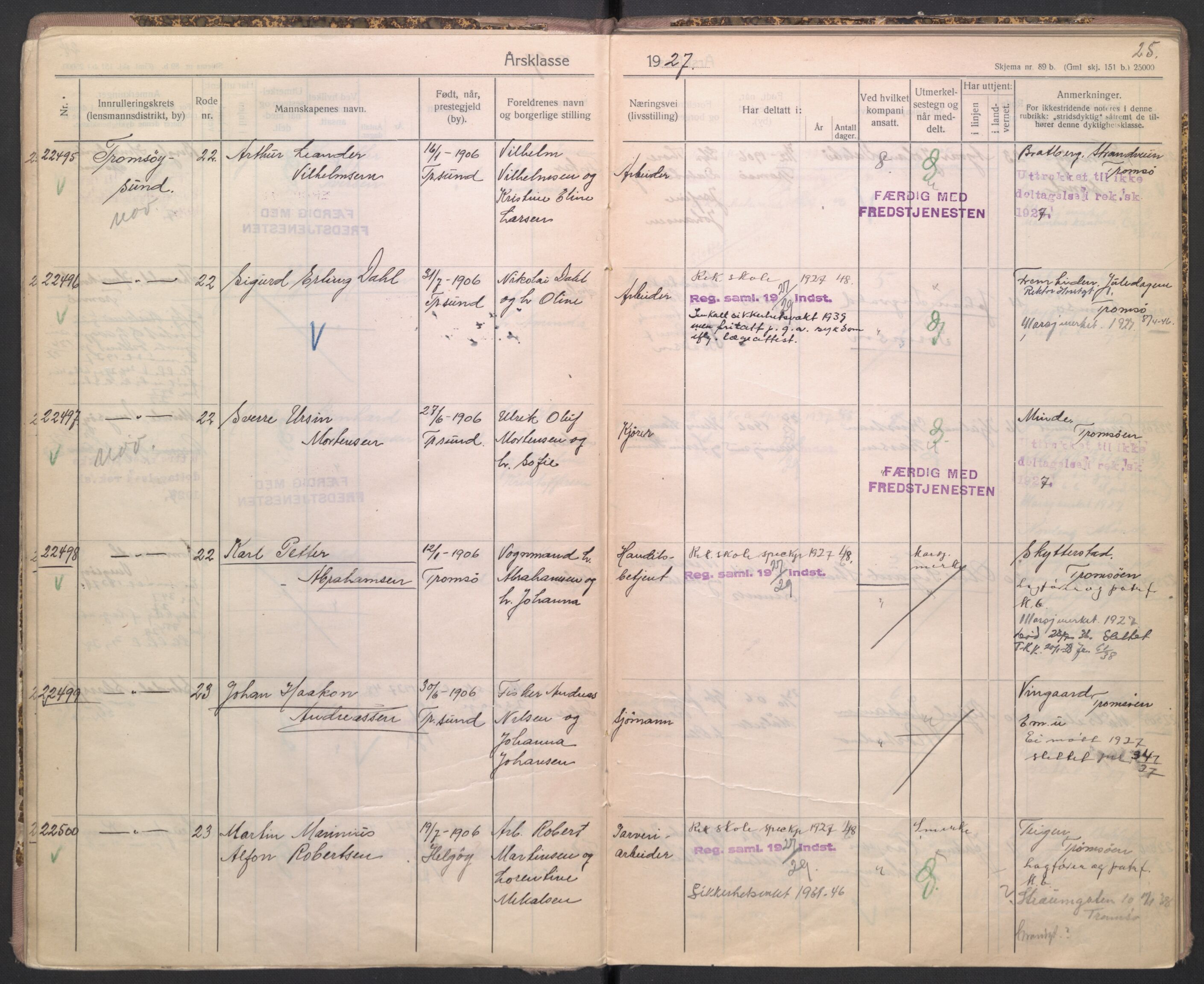 Forsvaret, Troms infanteriregiment nr. 16, AV/RA-RAFA-3146/P/Pa/L0004/0004: Ruller / Rulle for Bardu bataljons menige mannskaper, årsklasse 1927, 1927, s. 25