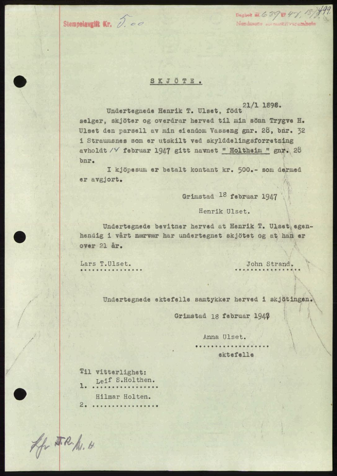 Nordmøre sorenskriveri, SAT/A-4132/1/2/2Ca: Pantebok nr. A104, 1947-1947, Dagboknr: 639/1947