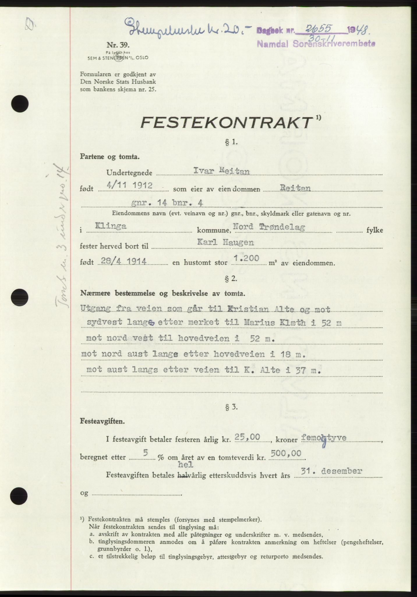 Namdal sorenskriveri, SAT/A-4133/1/2/2C: Pantebok nr. -, 1948-1948, Dagboknr: 2655/1948