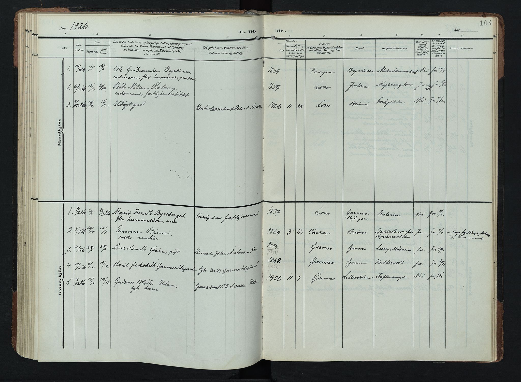 Lom prestekontor, AV/SAH-PREST-070/K/L0011: Ministerialbok nr. 11, 1904-1928, s. 104