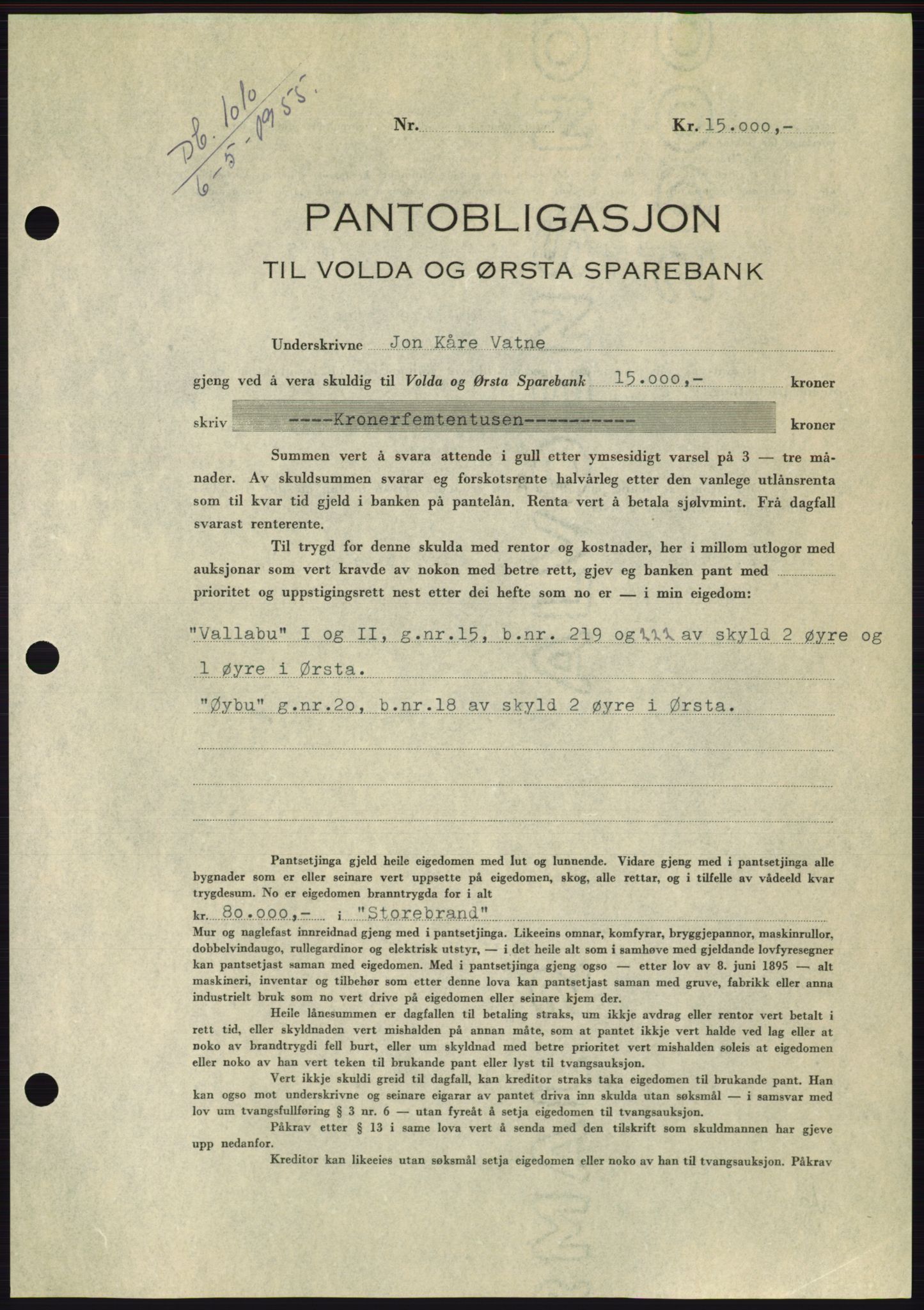 Søre Sunnmøre sorenskriveri, AV/SAT-A-4122/1/2/2C/L0126: Pantebok nr. 14B, 1954-1955, Dagboknr: 1010/1955