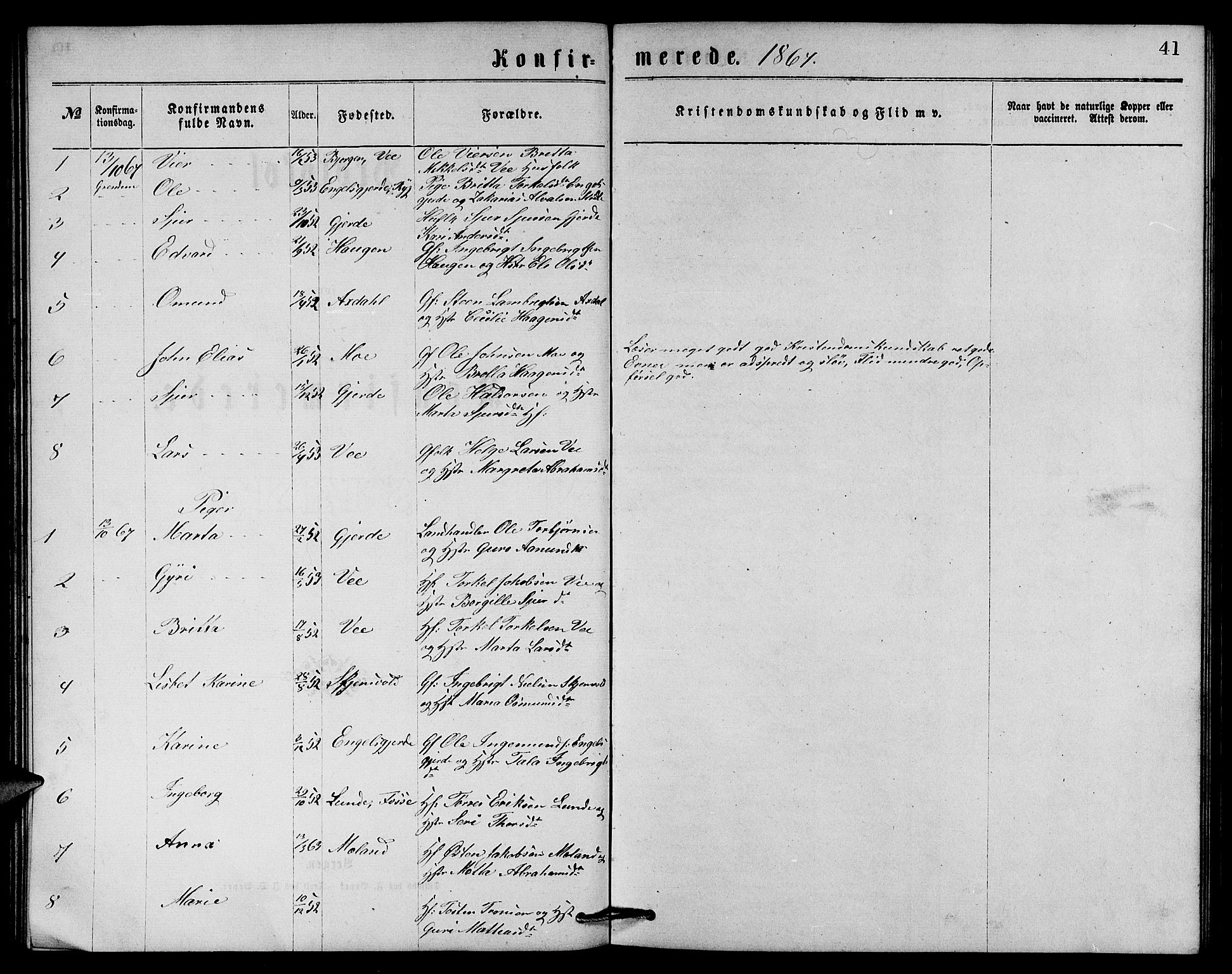 Etne sokneprestembete, AV/SAB-A-75001/H/Hab: Klokkerbok nr. B 3, 1867-1878, s. 41