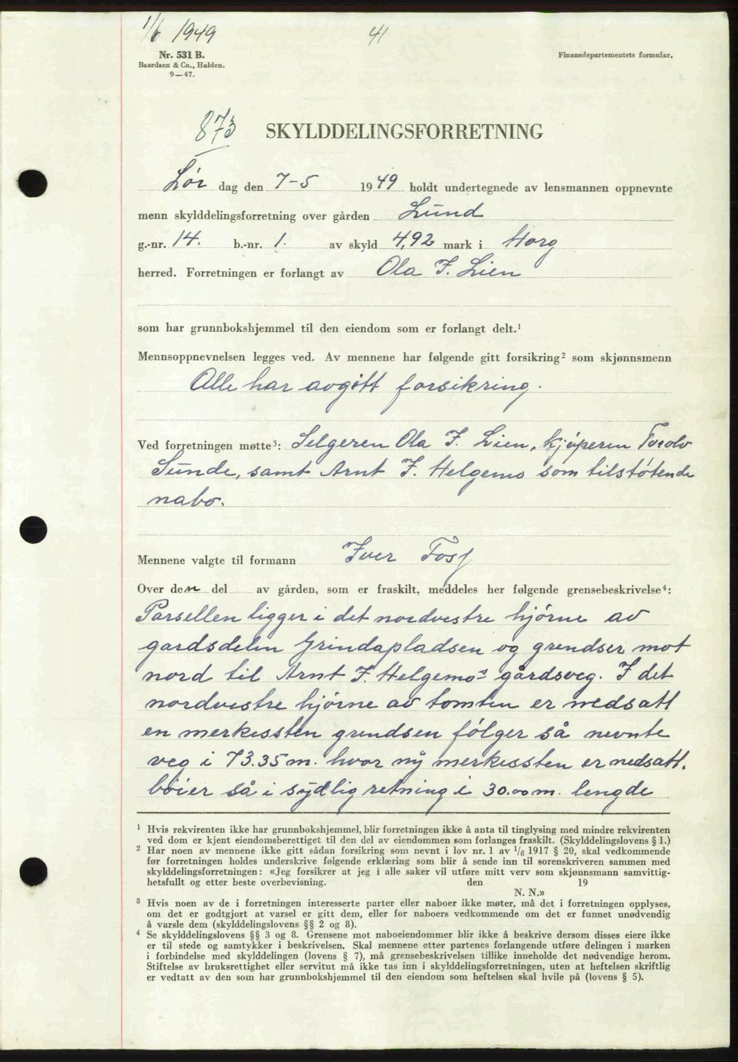 Gauldal sorenskriveri, SAT/A-0014/1/2/2C: Pantebok nr. A8, 1949-1949, Dagboknr: 873/1949