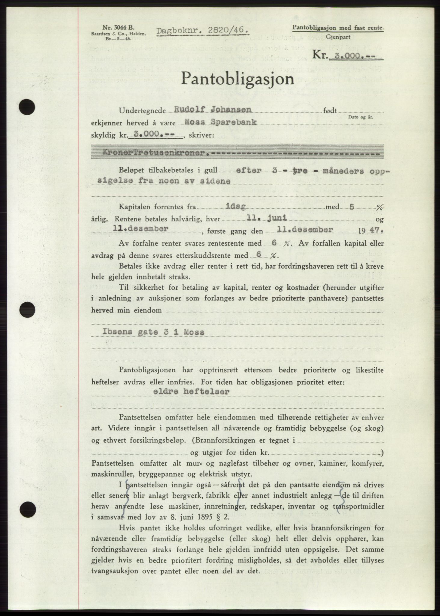 Moss sorenskriveri, SAO/A-10168: Pantebok nr. B16, 1946-1947, Dagboknr: 2820/1946