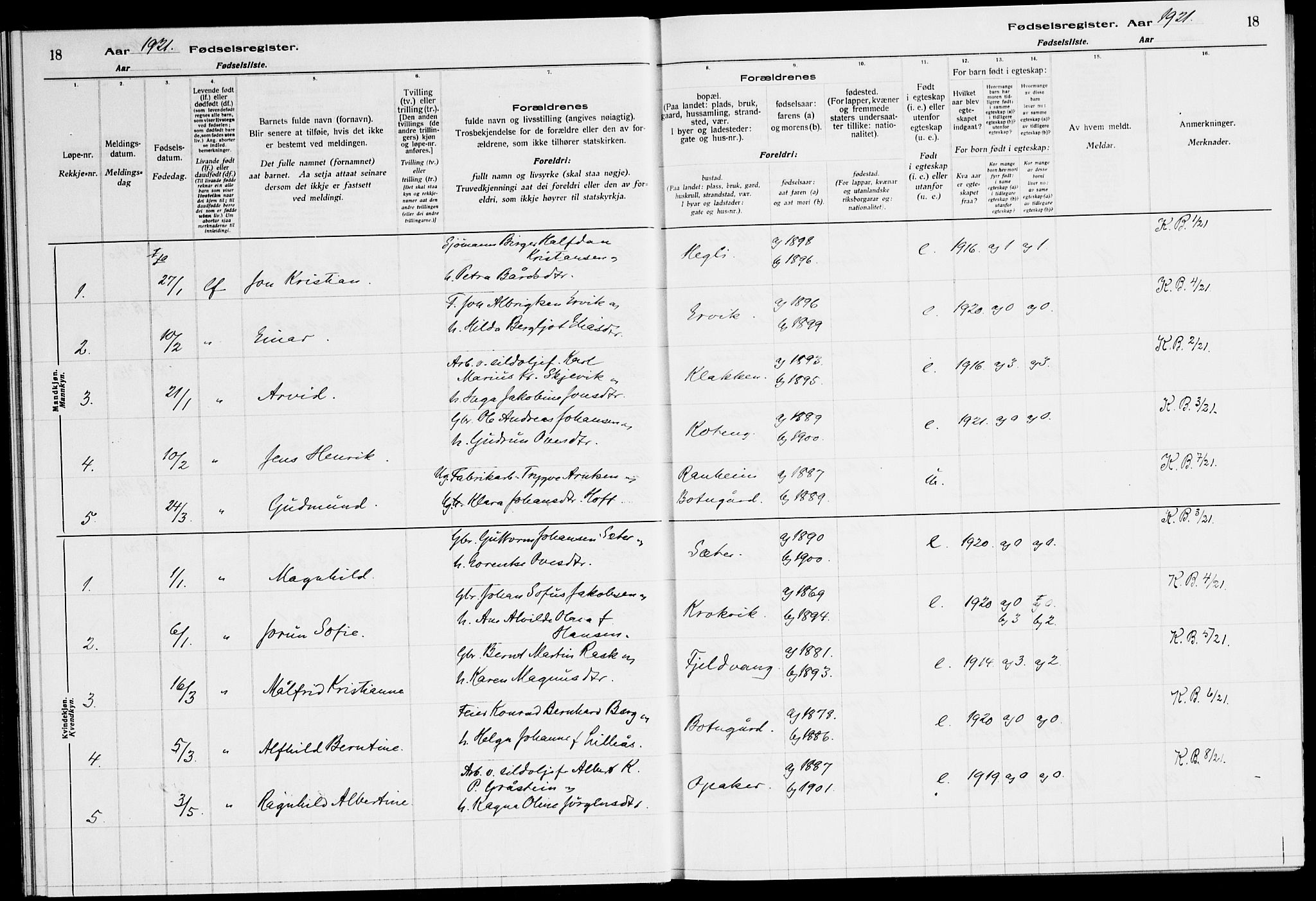 Ministerialprotokoller, klokkerbøker og fødselsregistre - Sør-Trøndelag, SAT/A-1456/651/L0650: Fødselsregister nr. 651.II.4.1, 1916-1923, s. 18