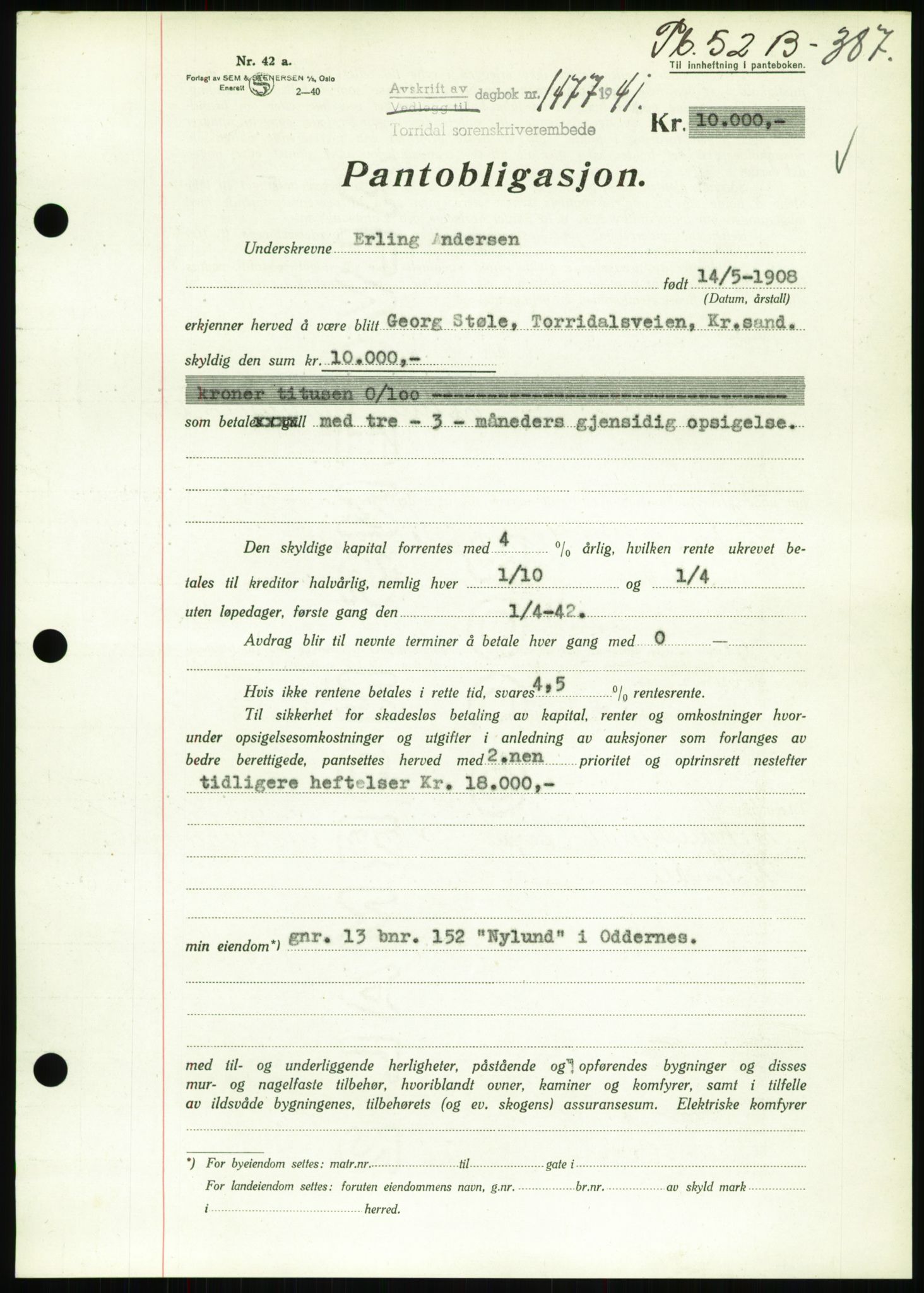Torridal sorenskriveri, SAK/1221-0012/G/Gb/Gbb/L0008: Pantebok nr. 52b, 1940-1942, Dagboknr: 1477/1941