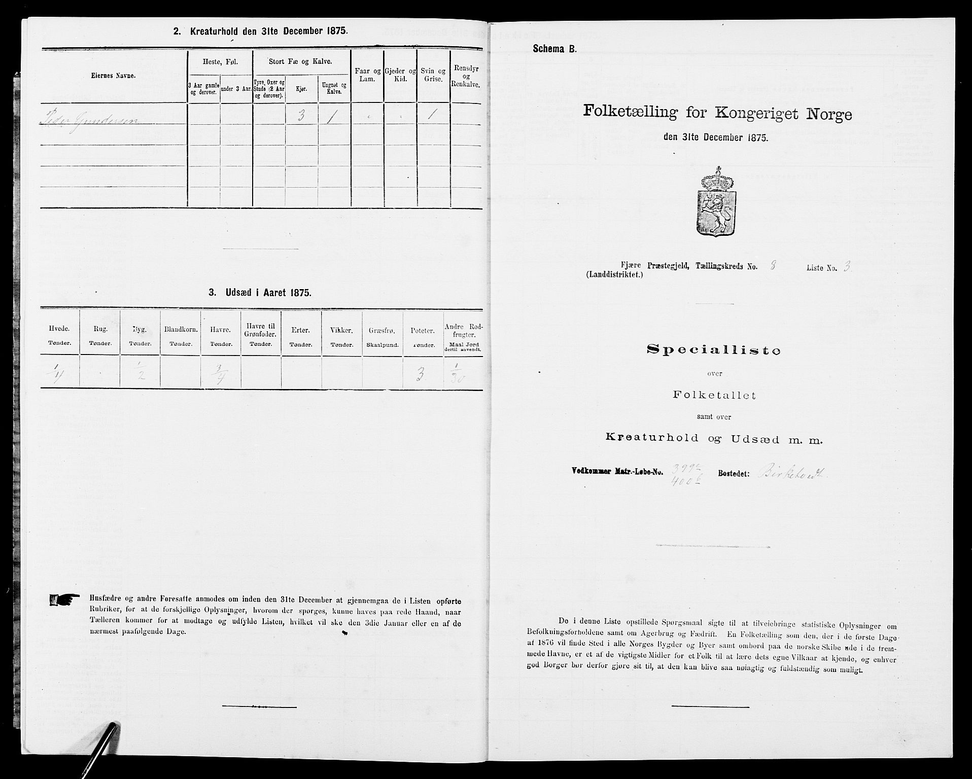 SAK, Folketelling 1875 for 0923L Fjære prestegjeld, Fjære sokn, 1875, s. 1699