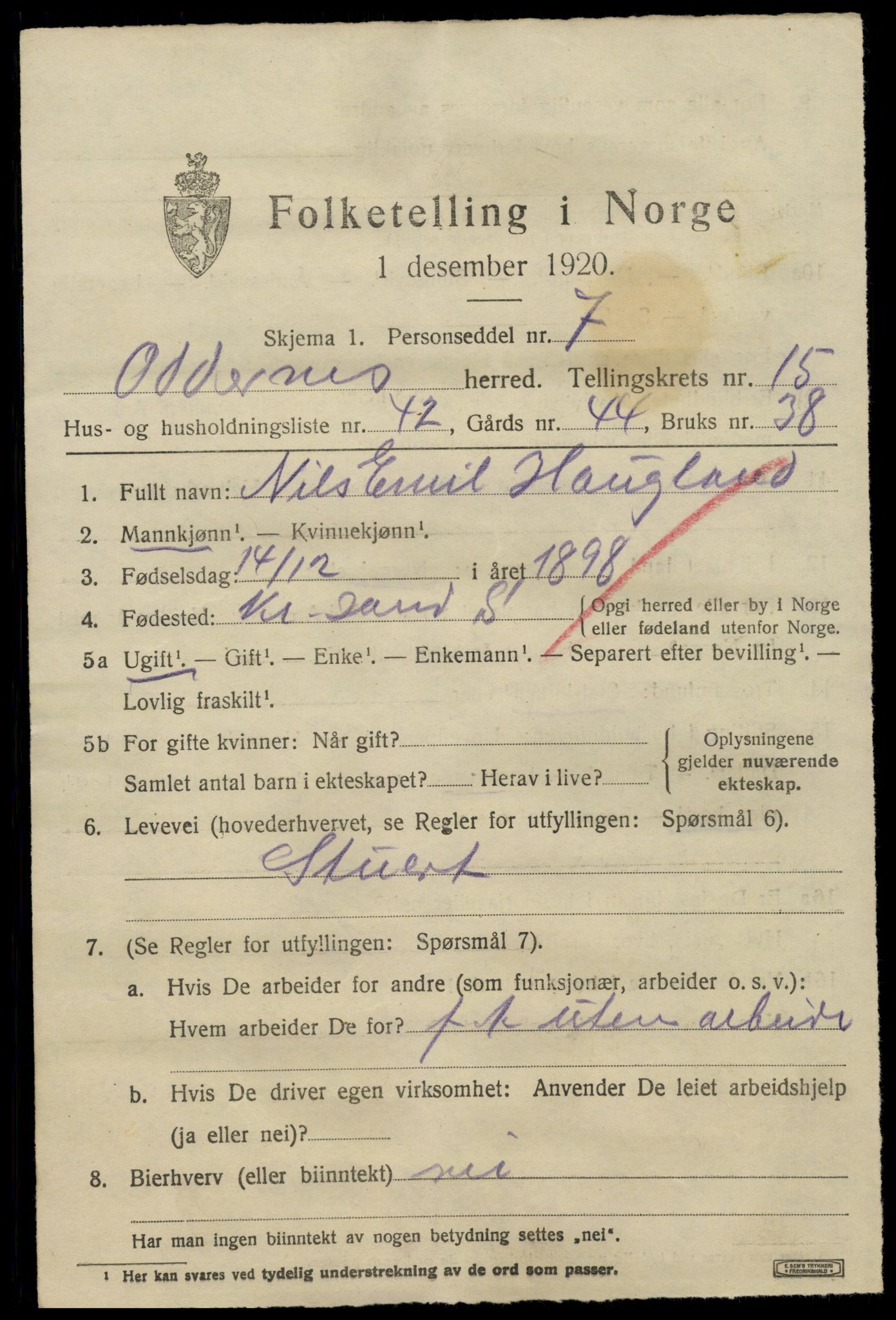 SAK, Folketelling 1920 for 1012 Oddernes herred, 1920, s. 10491