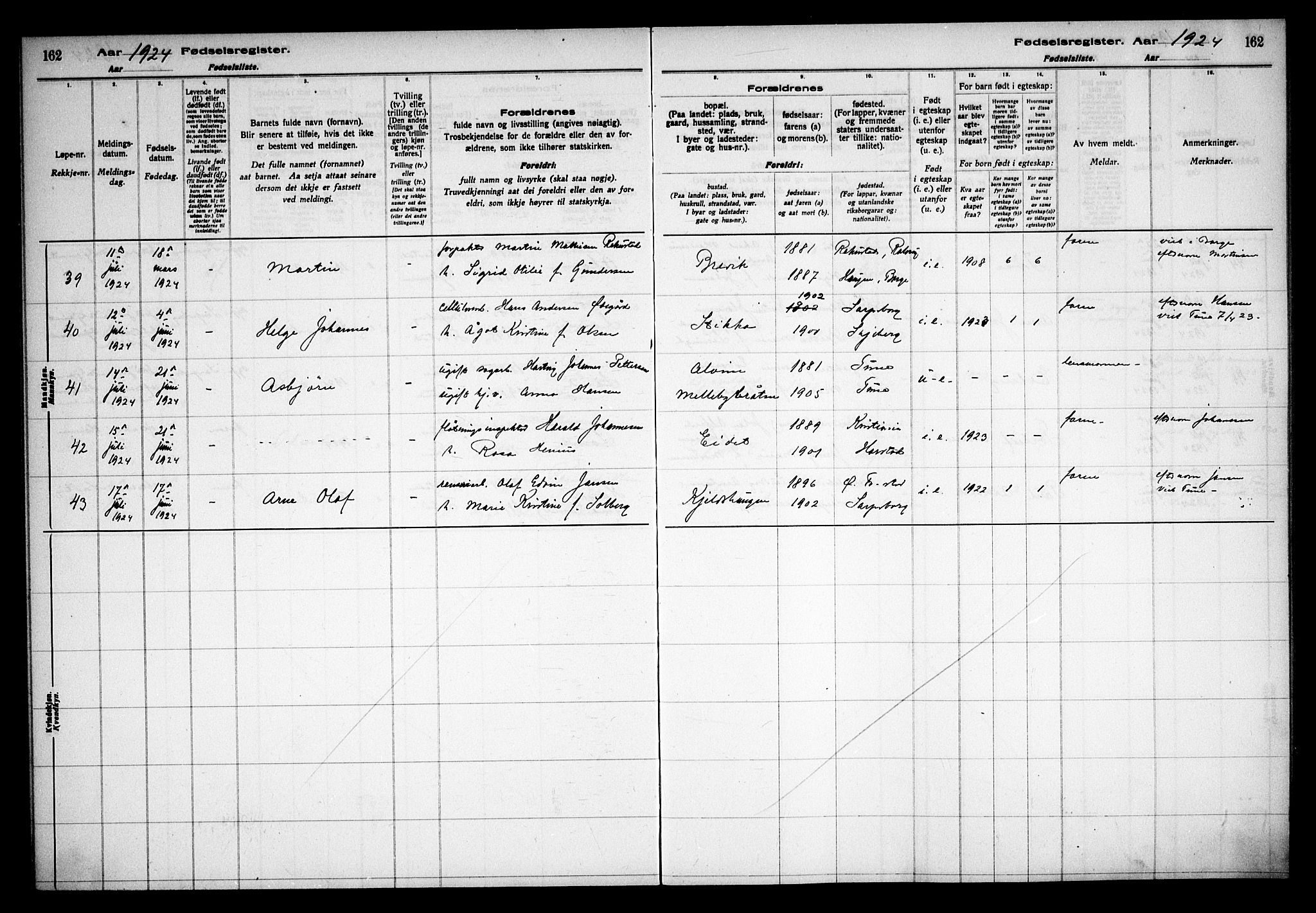 Tune prestekontor Kirkebøker, AV/SAO-A-2007/J/Ja/L0001: Fødselsregister nr. I 1, 1916-1928, s. 162