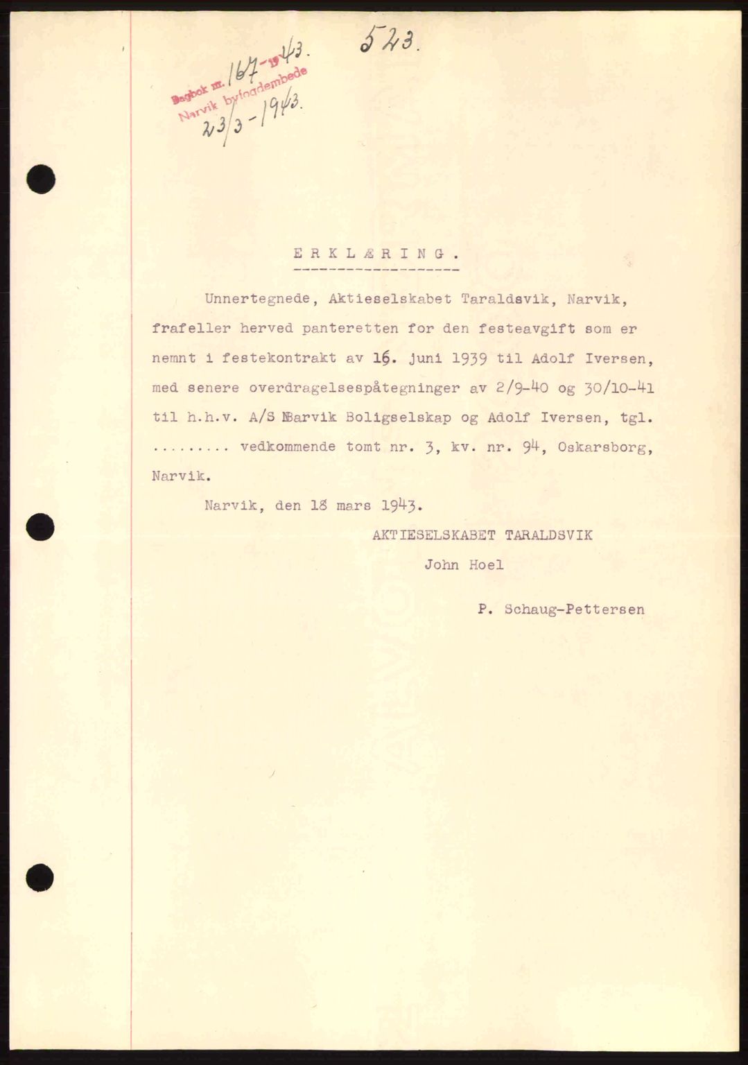 Narvik sorenskriveri, SAT/A-0002/1/2/2C/2Ca: Pantebok nr. A19, 1942-1943, Dagboknr: 167/1943