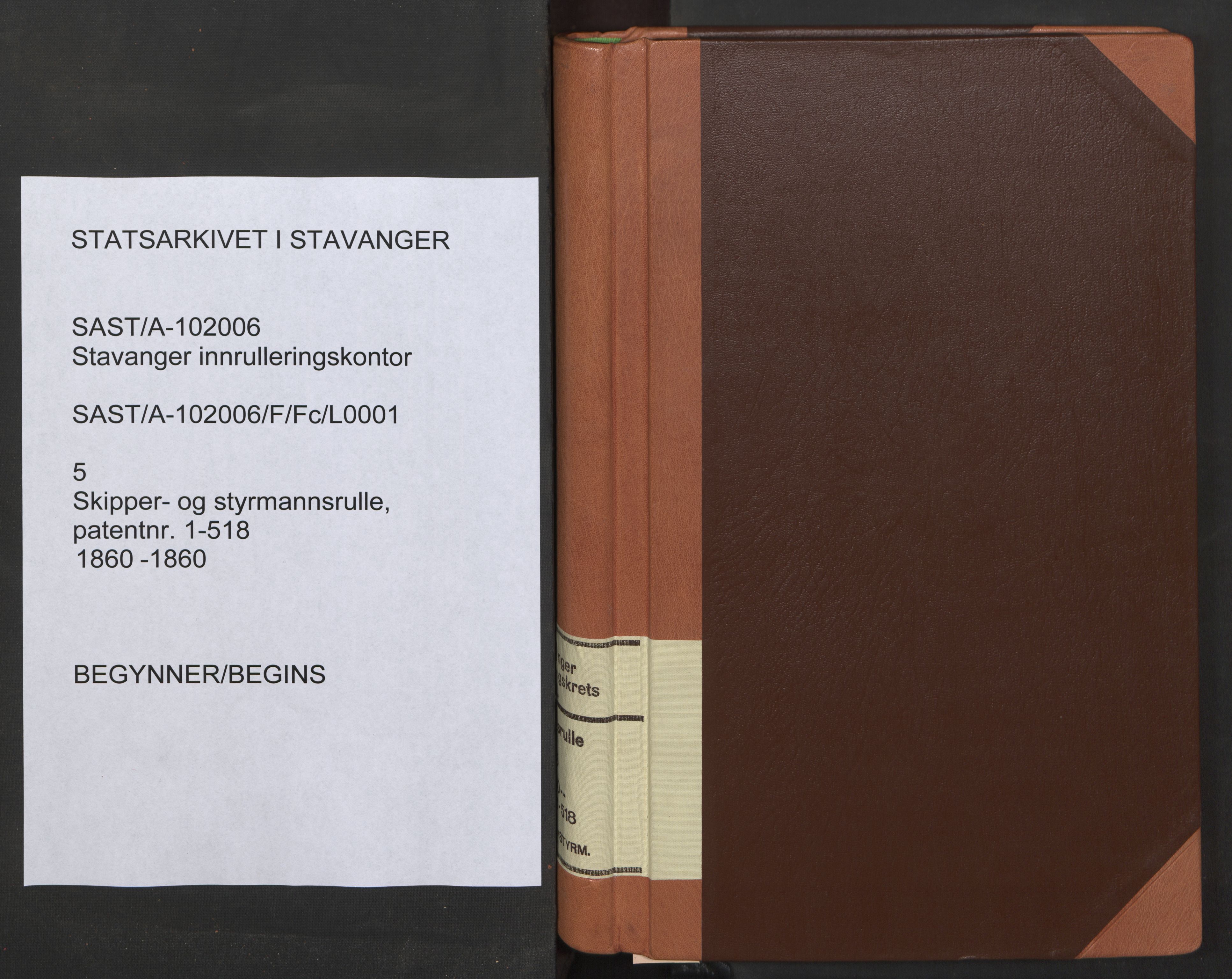 Stavanger sjømannskontor, SAST/A-102006/F/Fc/L0001: Skipper- og styrmannsrulle, patentnr. 1-518, 1860, s. 1