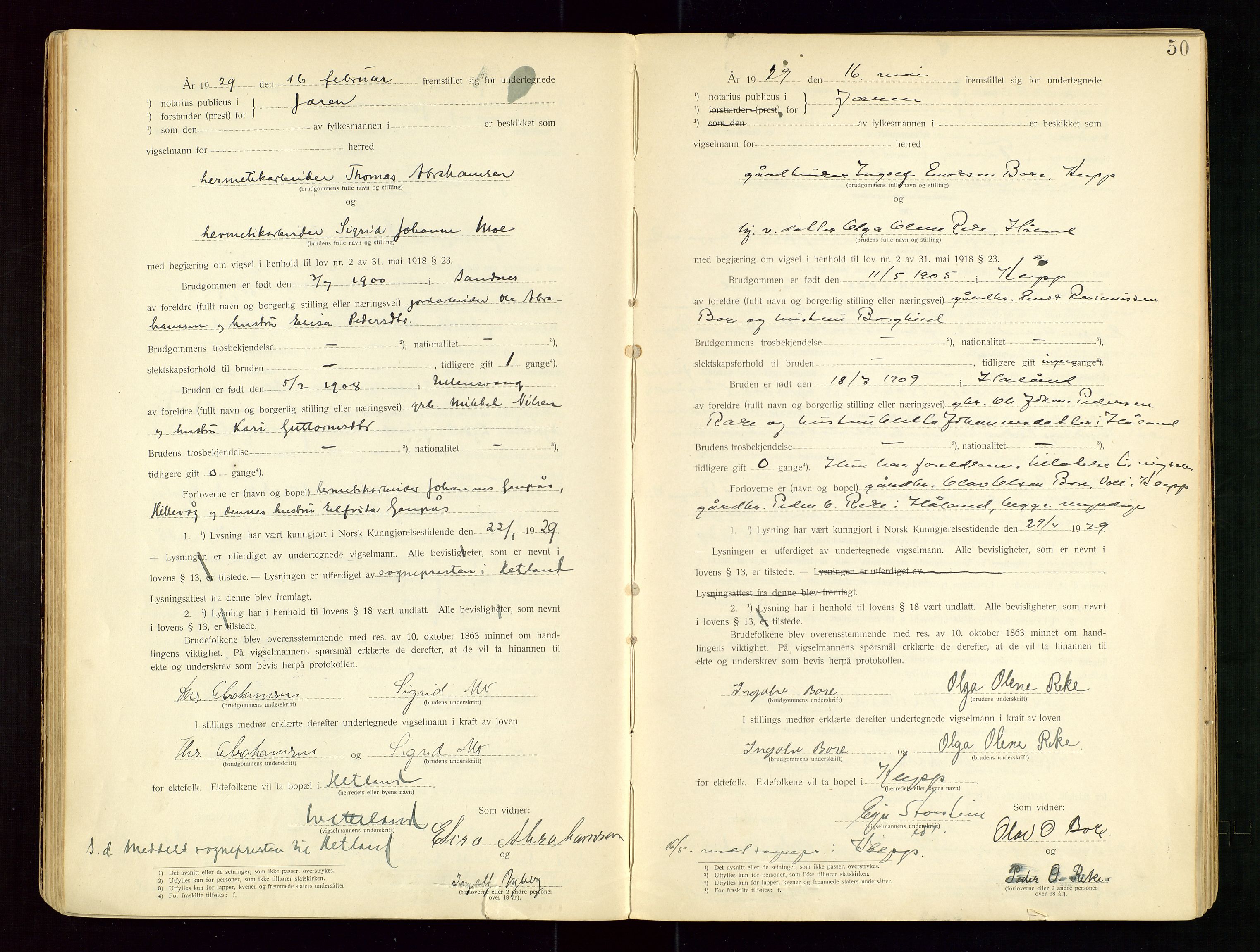 Jæren sorenskriveri, AV/SAST-A-100310/01/6/62/62BA/L0001: VIGSELSPROTOKOLL, 1920-1937, s. 50
