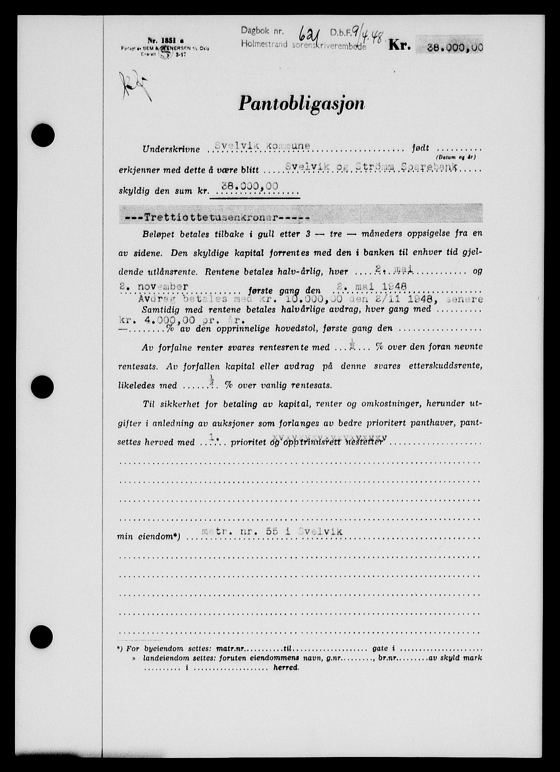 Holmestrand sorenskriveri, SAKO/A-67/G/Ga/Gab/L0058: Pantebok nr. B-58, 1947-1948, Dagboknr: 621/1948
