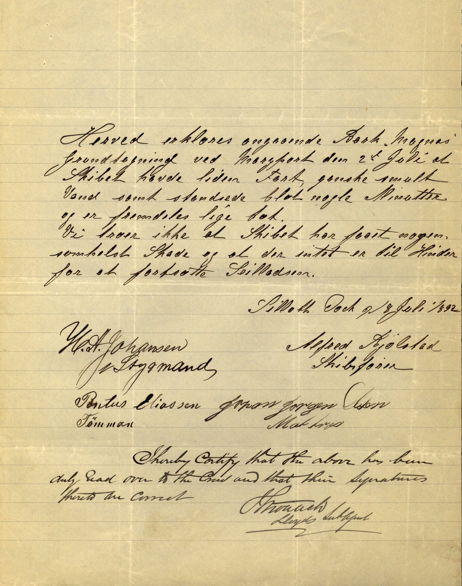 Pa 63 - Østlandske skibsassuranceforening, VEMU/A-1079/G/Ga/L0028/0006: Havaridokumenter / Avenir, Jan Mayn, Freia, Magna, Løvspring, 1892, s. 42