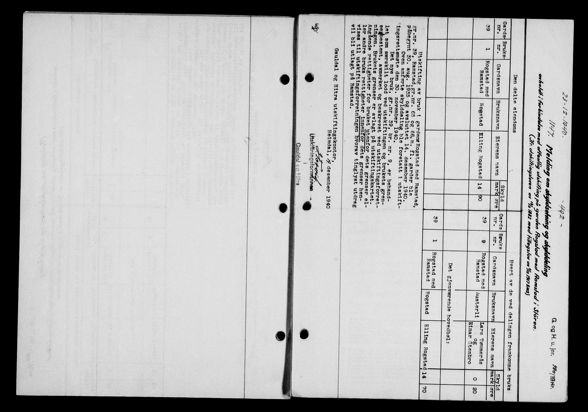 Gauldal sorenskriveri, SAT/A-0014/1/2/2C/L0052: Pantebok nr. 57, 1940-1941, Dagboknr: 1147/1940