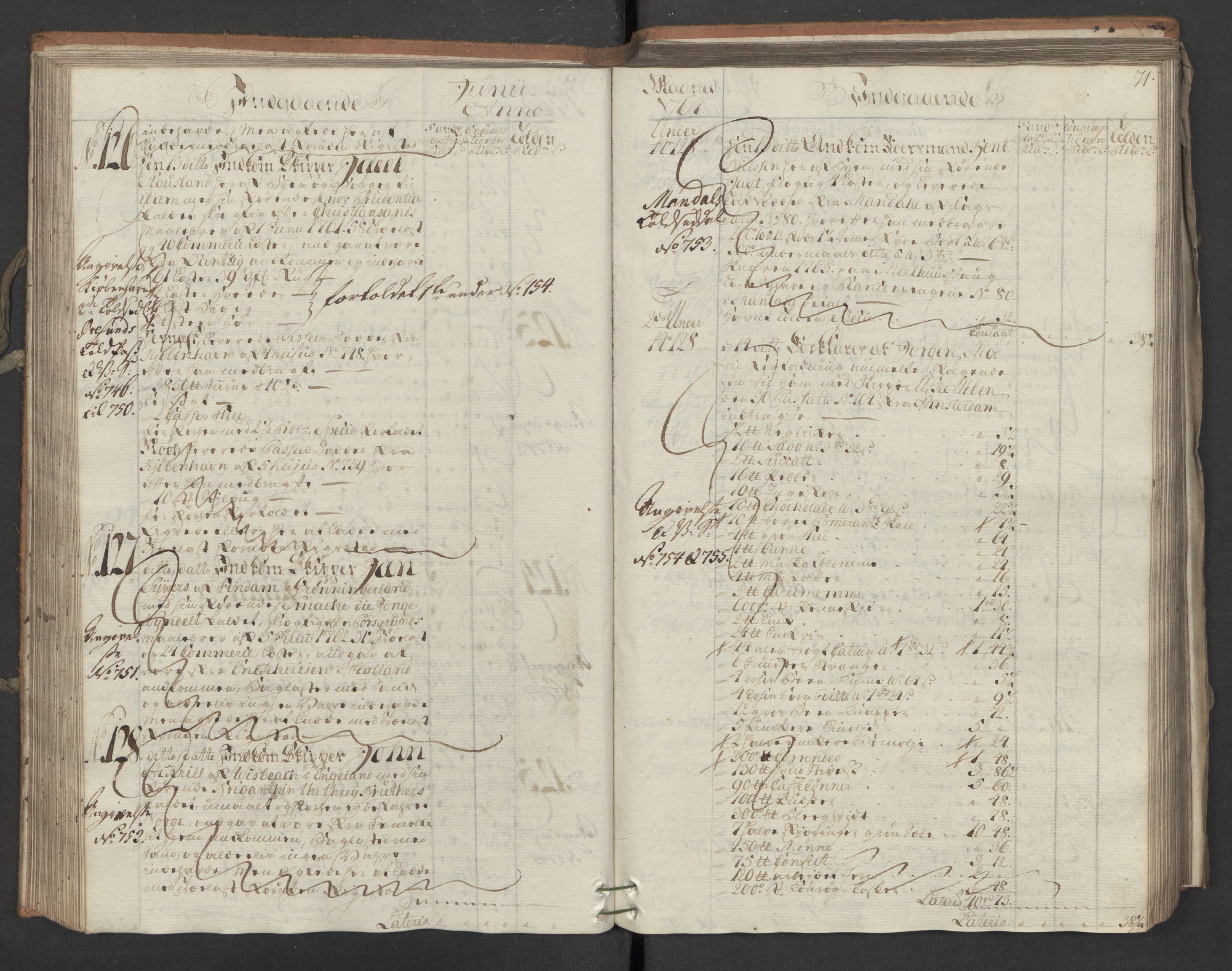 Generaltollkammeret, tollregnskaper, AV/RA-EA-5490/R16/L0054/0001: Tollregnskaper Kristiansand / Inngående hovedtollbok, 1764, s. 70b-71a