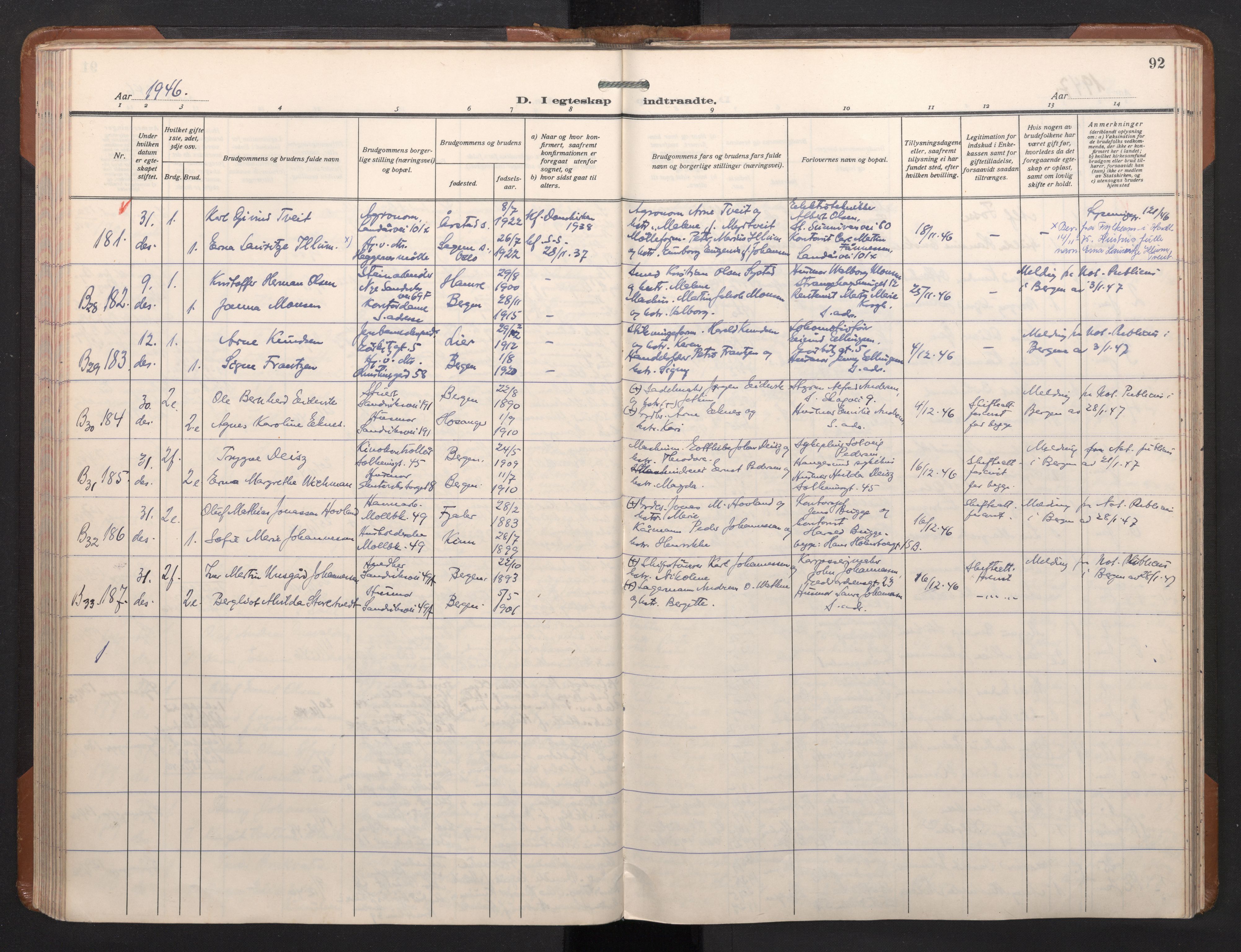 Sandviken Sokneprestembete, AV/SAB-A-77601/H/Ha/L0017: Ministerialbok nr. D 4, 1940-1954, s. 92