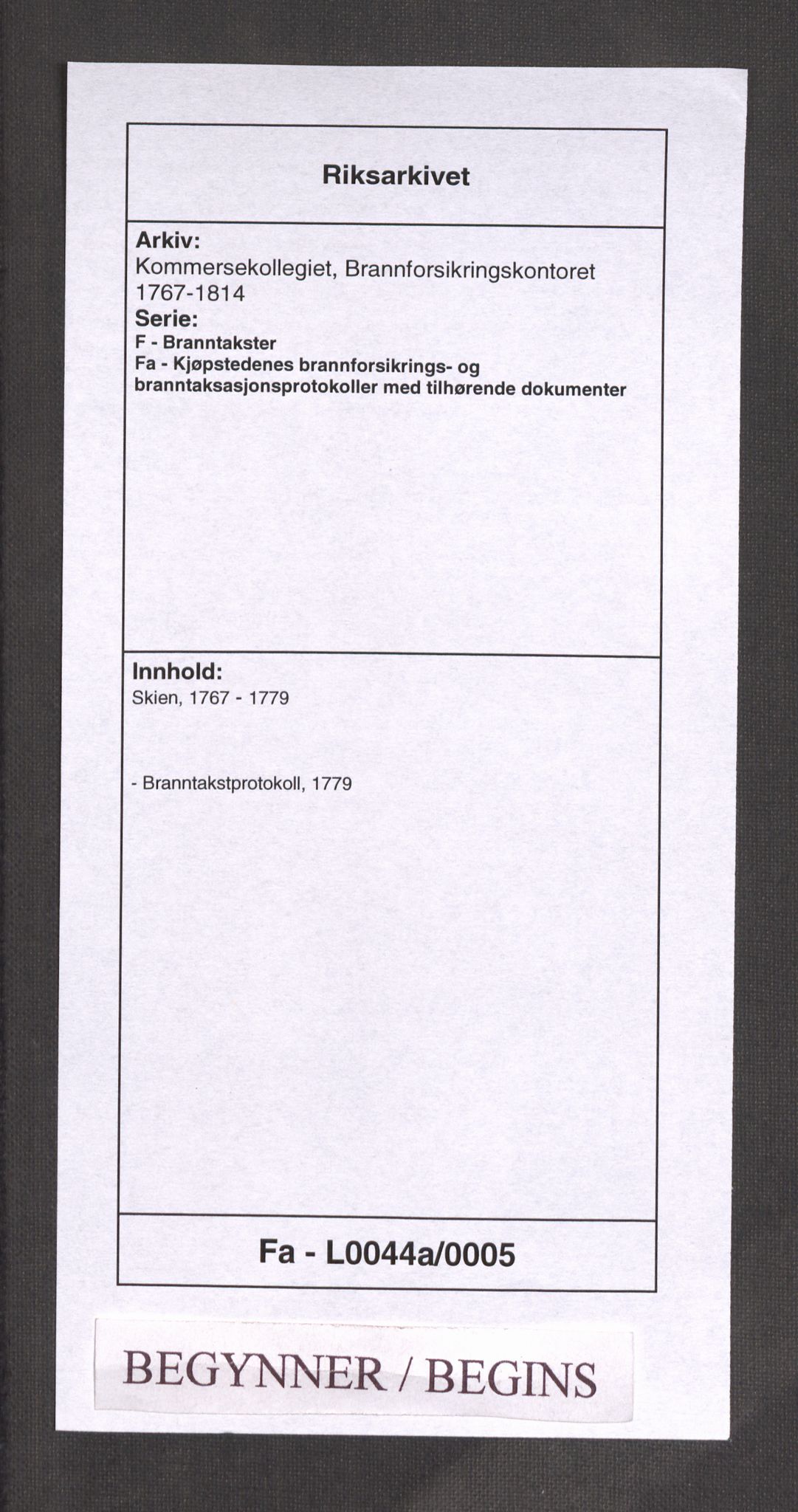 Kommersekollegiet, Brannforsikringskontoret 1767-1814, RA/EA-5458/F/Fa/L0044a/0005: Skien / Branntakstprotokoll, 1779