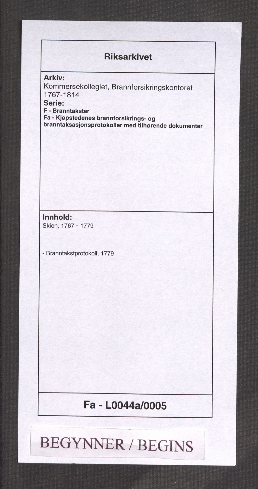 Kommersekollegiet, Brannforsikringskontoret 1767-1814, AV/RA-EA-5458/F/Fa/L0044a/0005: Skien / Branntakstprotokoll, 1779