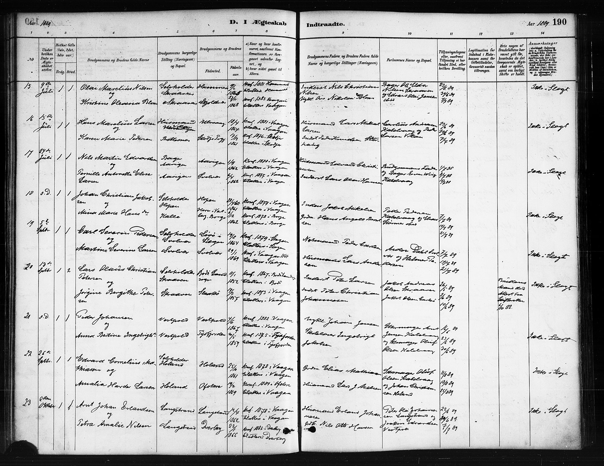 Ministerialprotokoller, klokkerbøker og fødselsregistre - Nordland, AV/SAT-A-1459/874/L1059: Ministerialbok nr. 874A03, 1884-1890, s. 190