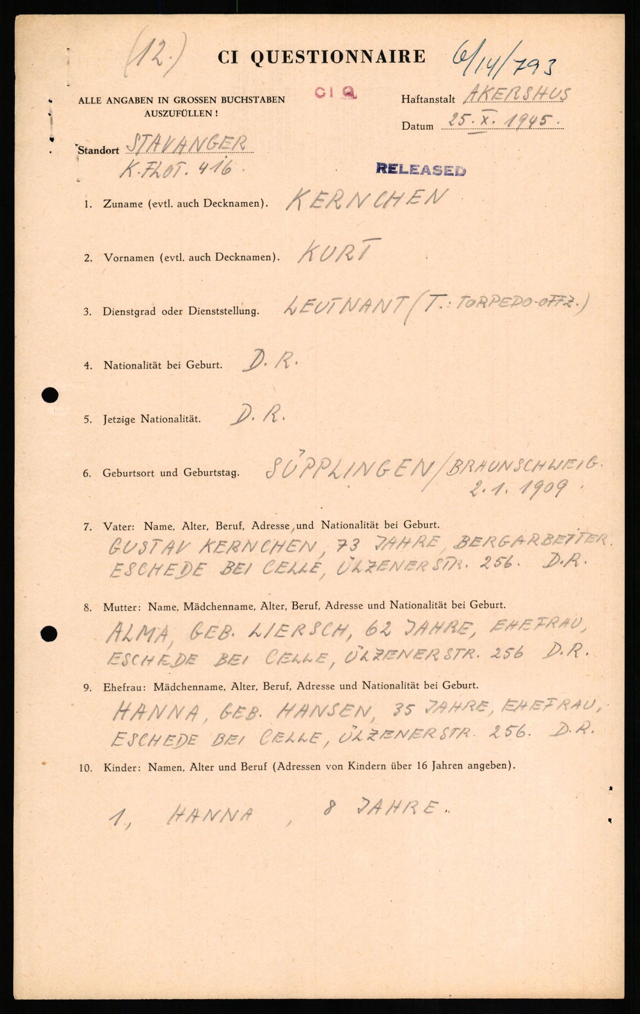 Forsvaret, Forsvarets overkommando II, AV/RA-RAFA-3915/D/Db/L0016: CI Questionaires. Tyske okkupasjonsstyrker i Norge. Tyskere., 1945-1946, s. 404