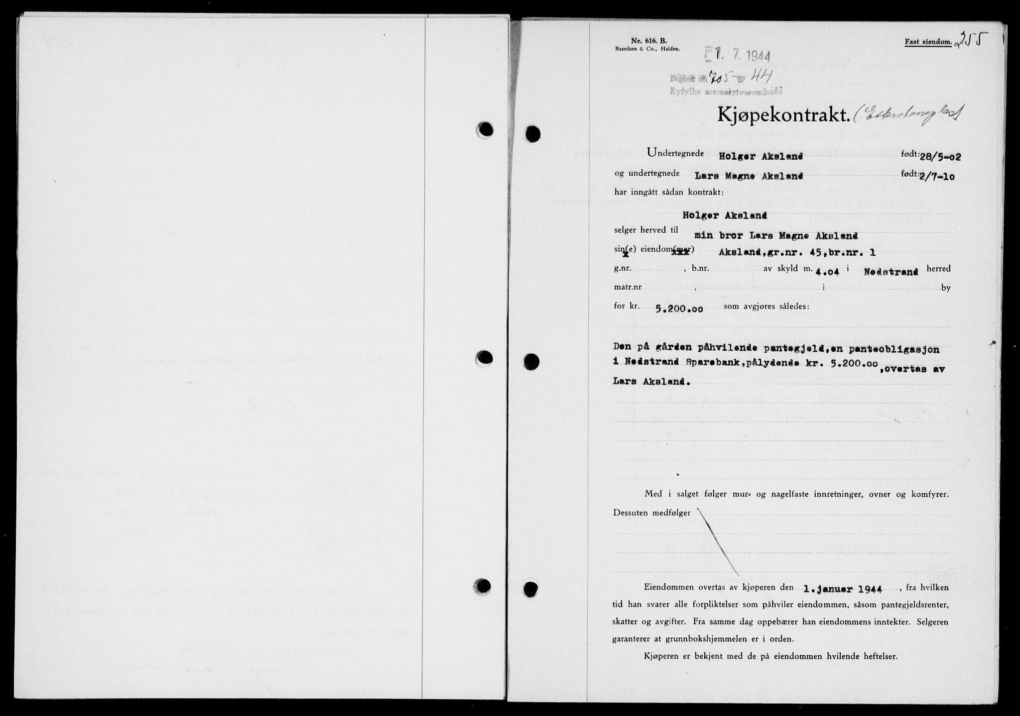 Ryfylke tingrett, SAST/A-100055/001/II/IIB/L0090: Pantebok nr. 69, 1943-1945, Dagboknr: 705/1944
