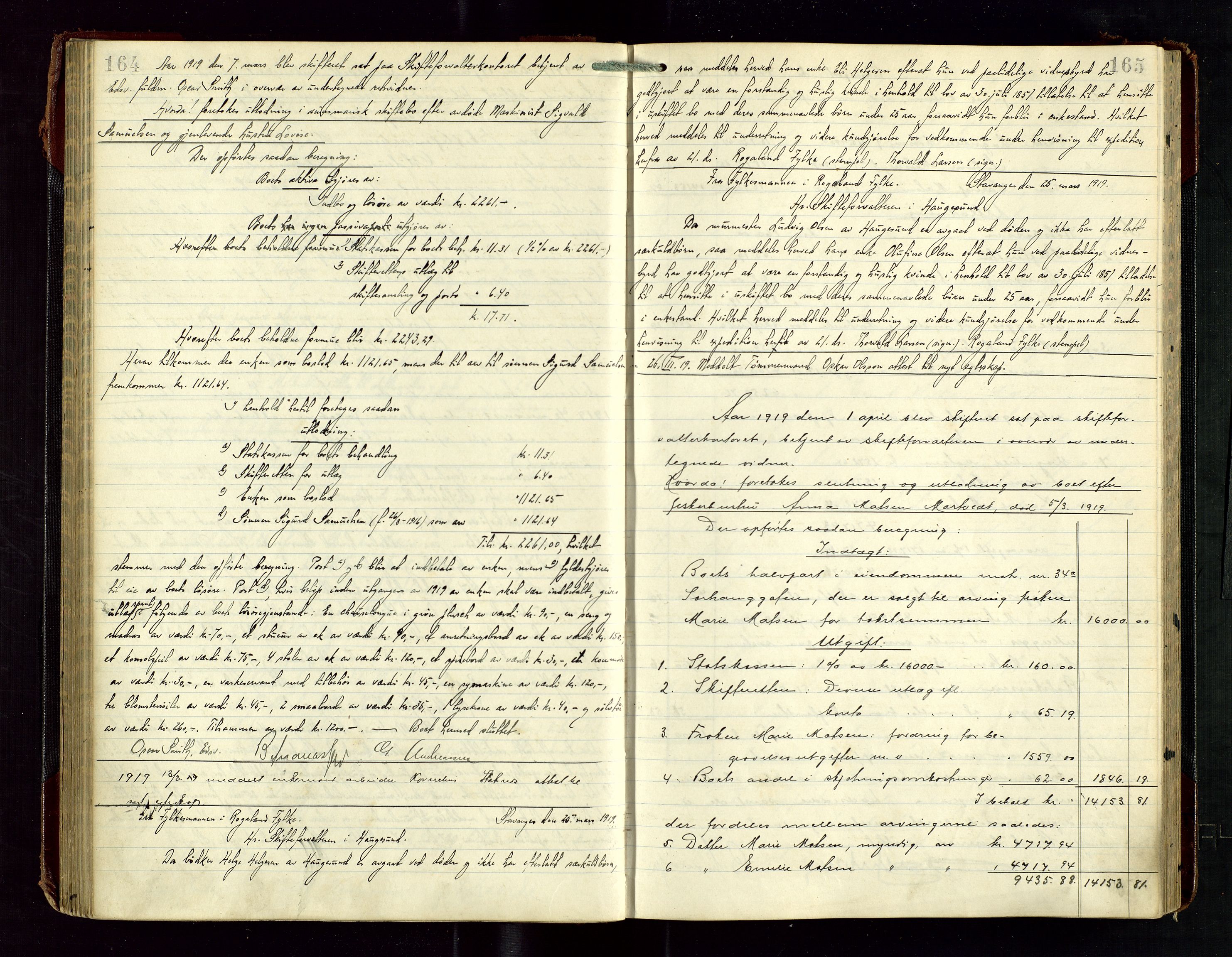 Haugesund tingrett, AV/SAST-A-101415/01/IV/IVD/L0003: Skifteutlodningsprotokoll, med register, 1915-1924, s. 164-165