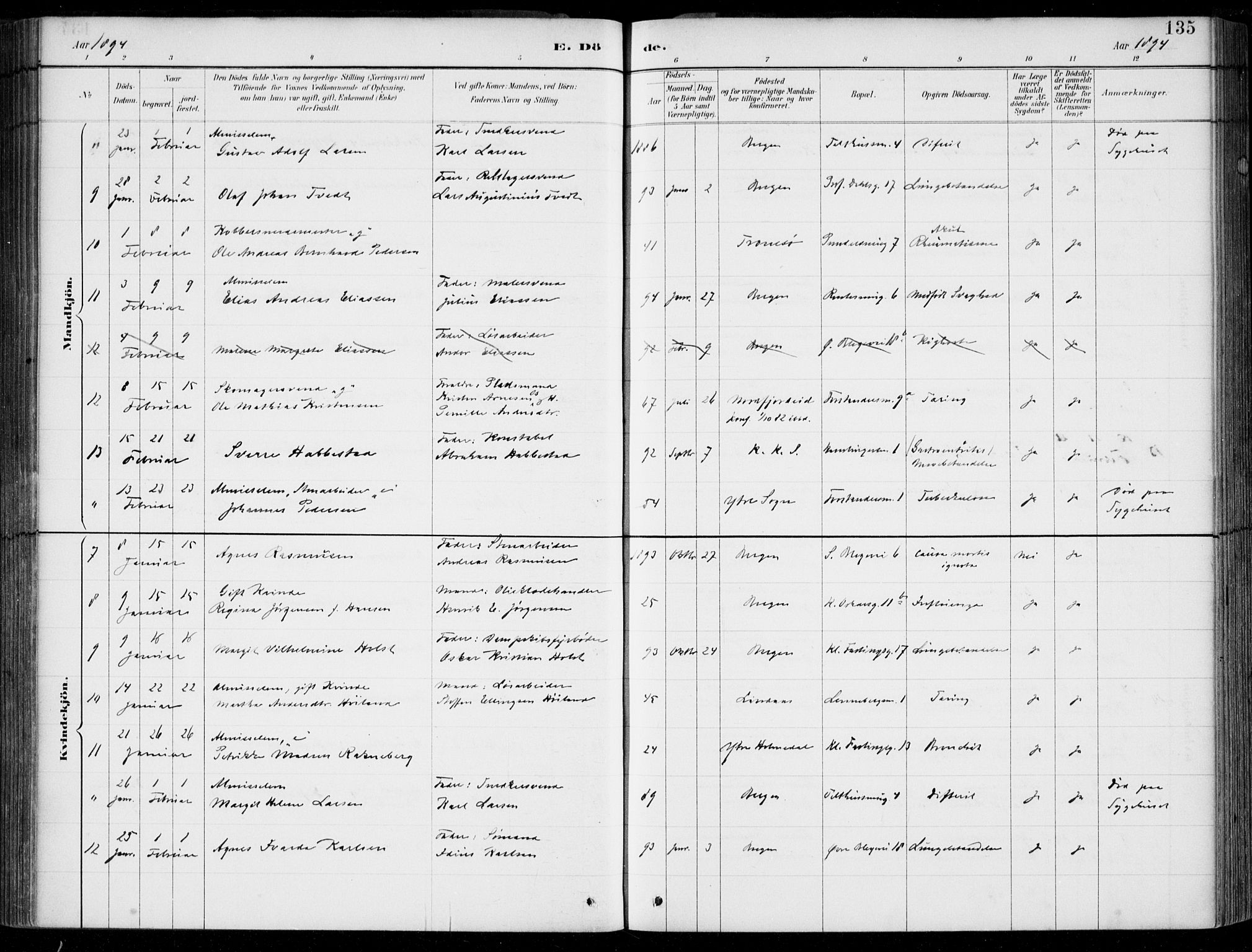 Korskirken sokneprestembete, AV/SAB-A-76101/H/Hab: Klokkerbok nr. E 4, 1884-1910, s. 135